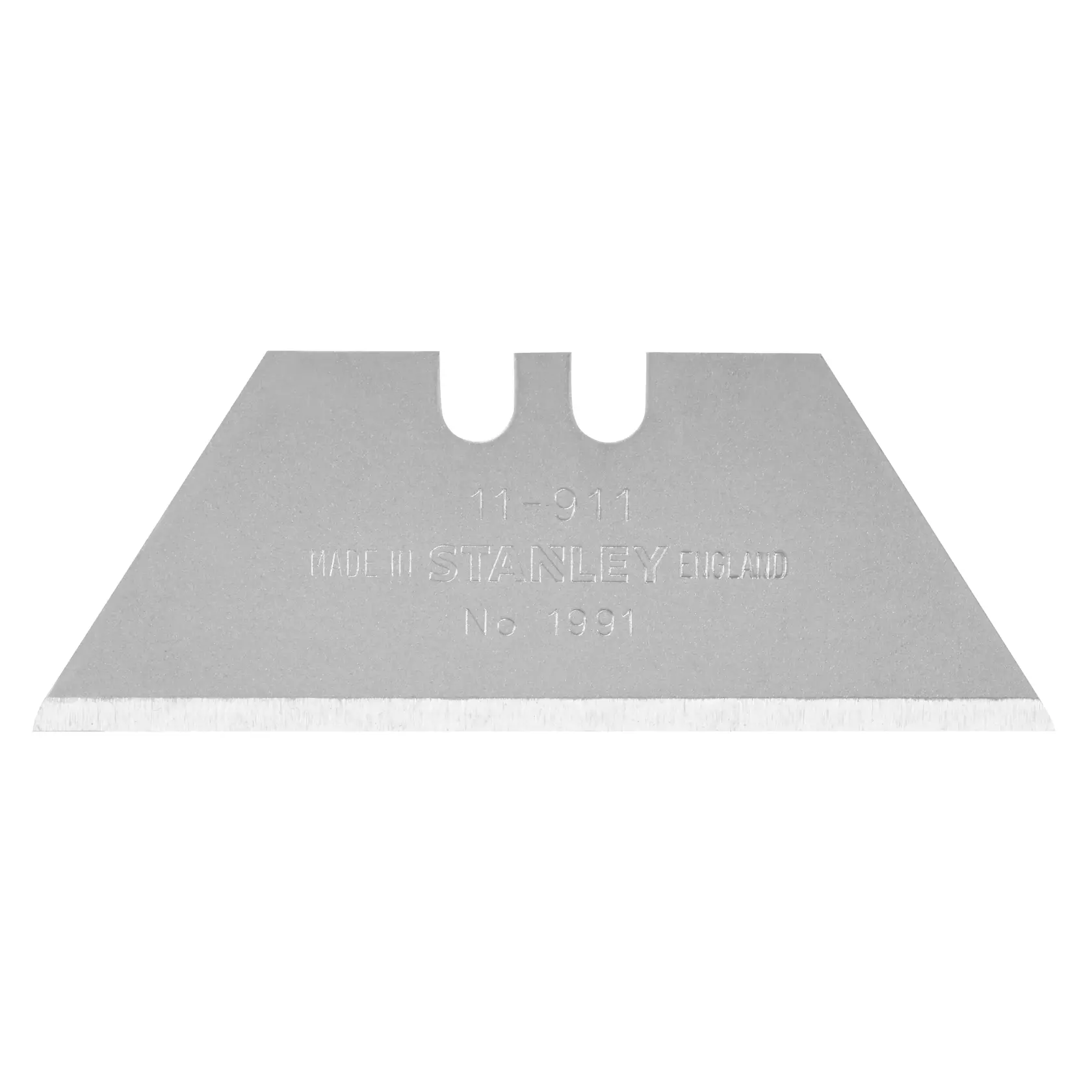STANLEY 2-11-911 utility knife blade, silver color, photographed on white background, single straight-edge blade.