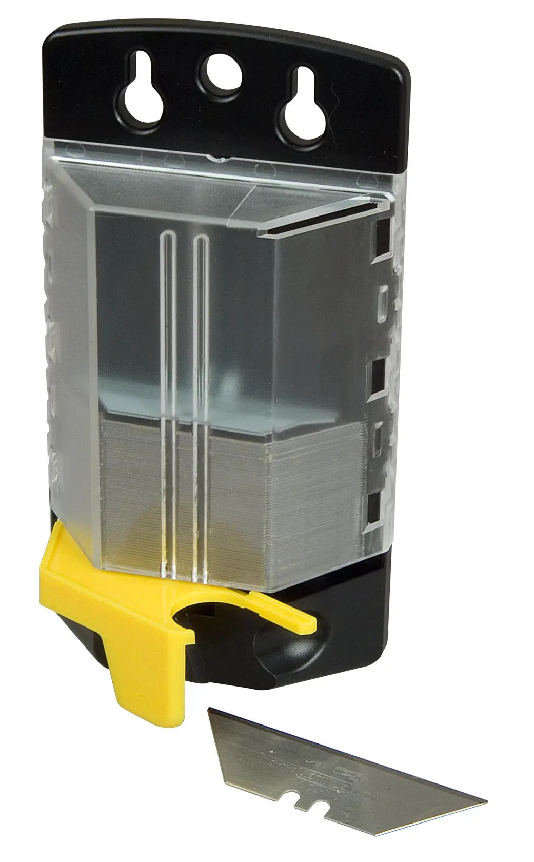 STANLEY 4-11-700 utility blade dispenser with yellow lever, clear case, and a single blade in front, front view.