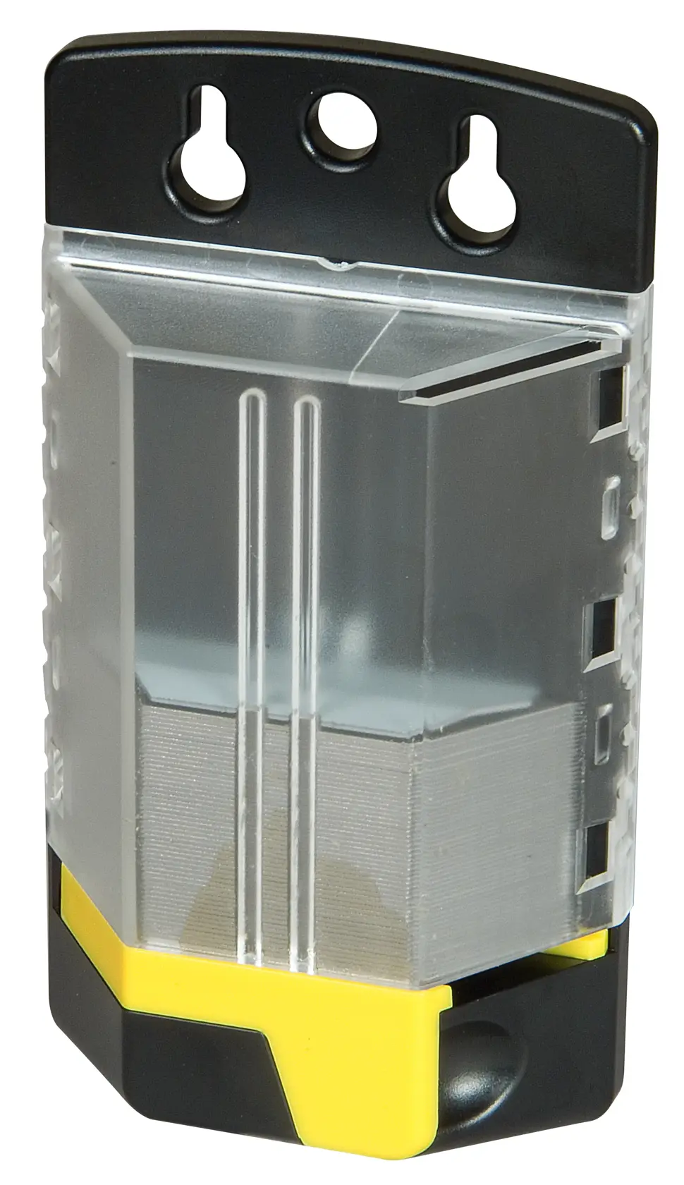 STANLEY 4-11-700 utility blade dispenser with transparent plastic case, black and yellow accents, front angle.