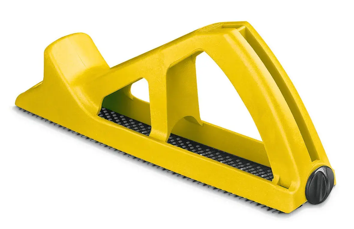 STANLEY 5-21-103 yellow hand plane tool, side angle on white background, ergonomic plastic handle.