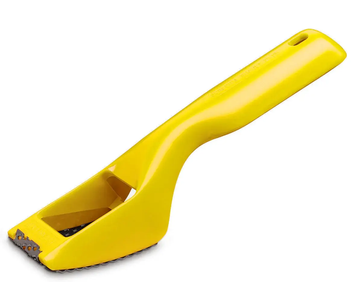 STANLEY 5-21-115 yellow hand rasp tool, angled view on white background.