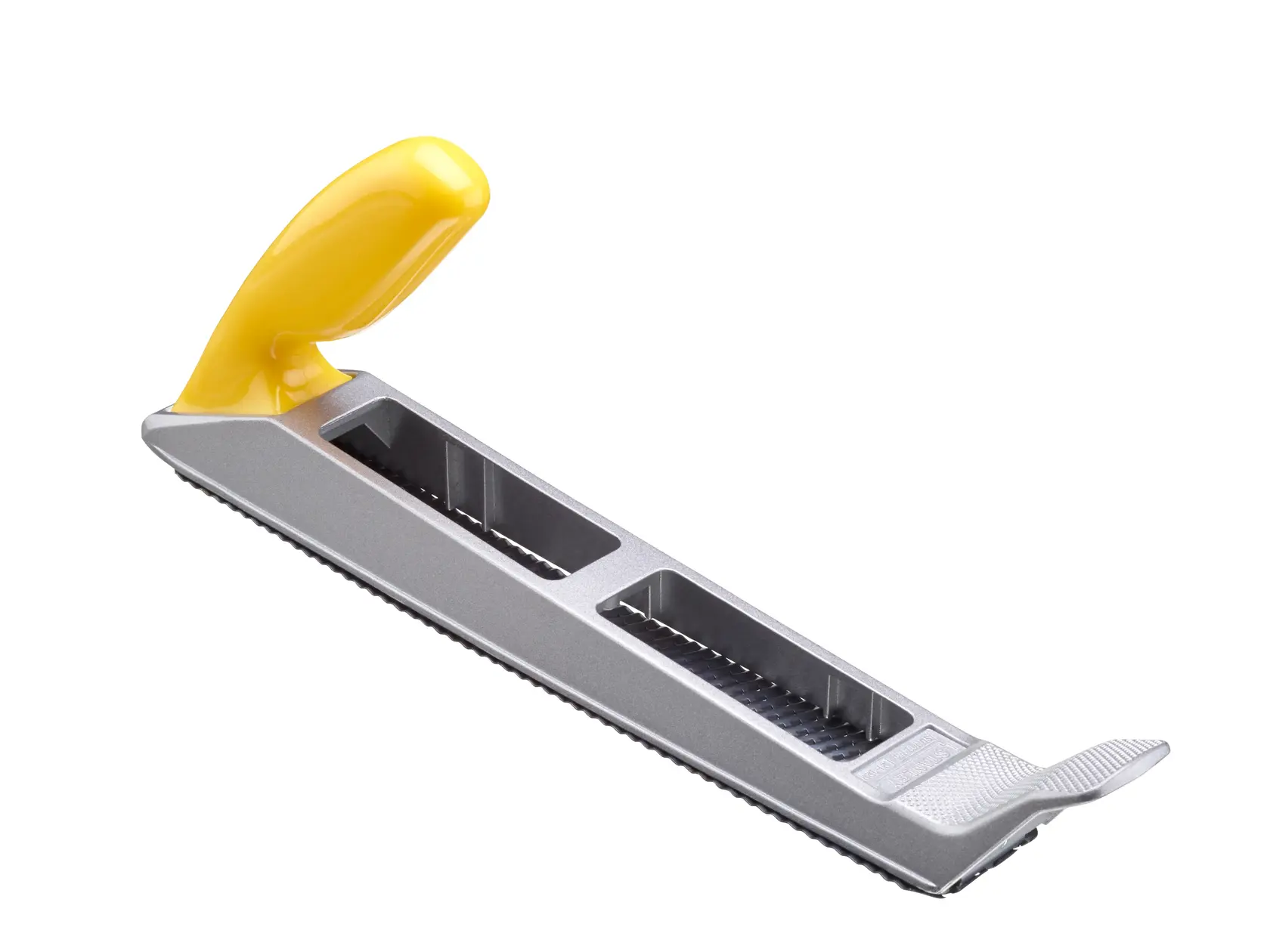 STANLEY 5-21-122 surform plane with yellow handle, side angle on white background, hand tool.