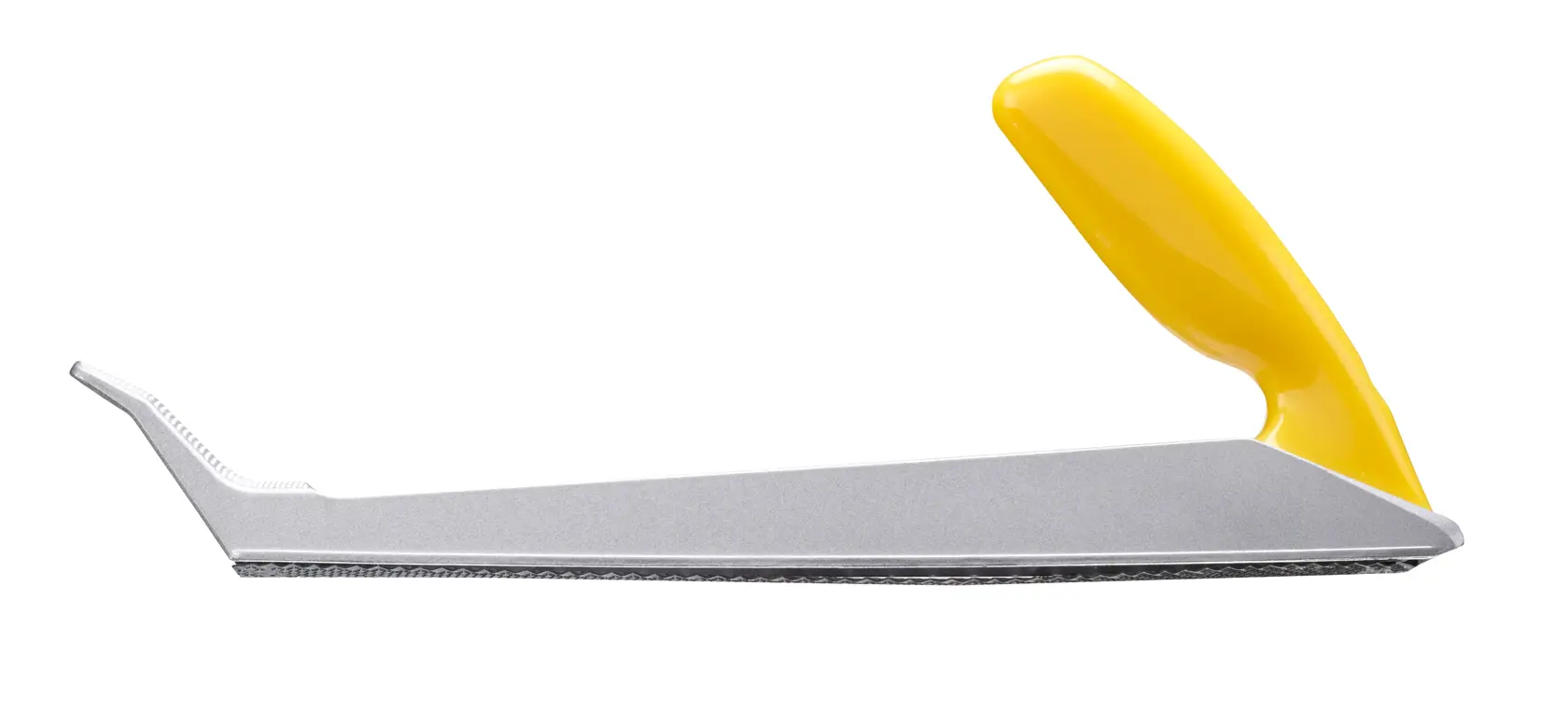 Stanley 5-21-122 surform planer with yellow handle, side angle on white background.