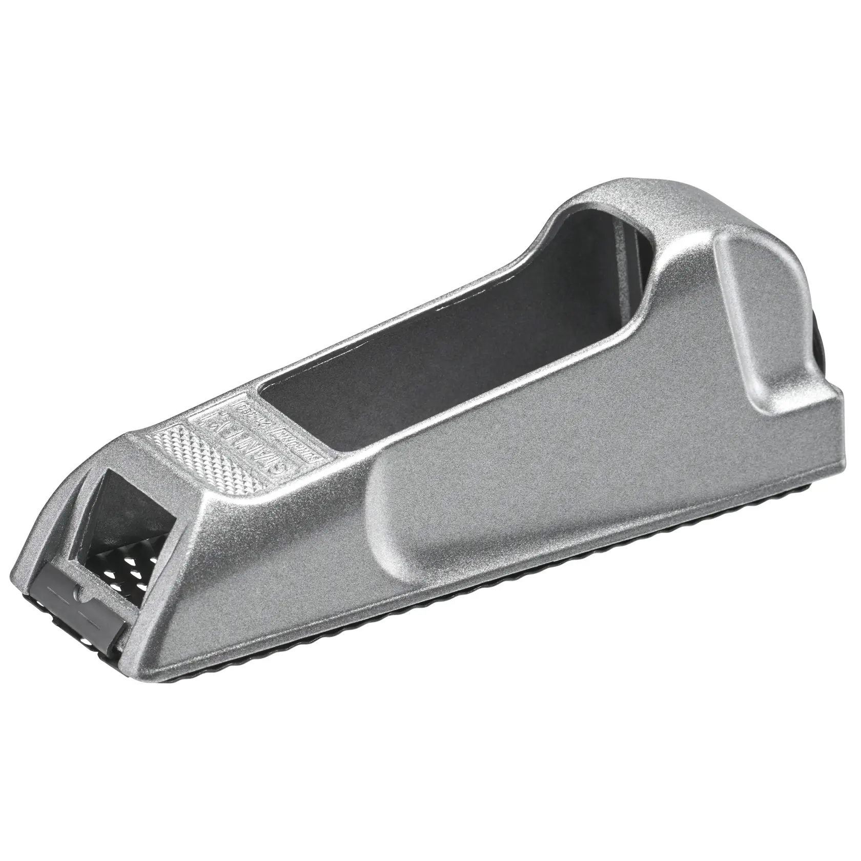 STANLEY 5-21-399 silver surform plane, angled view, lightweight metal body with textured grip, photography.