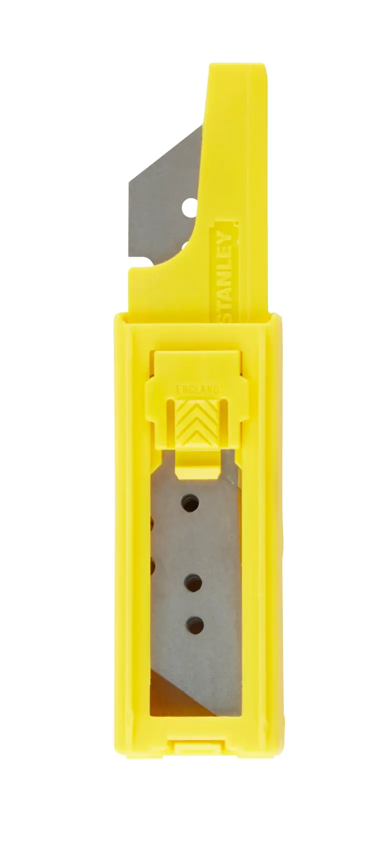 STANLEY 6-11-916 yellow utility blade dispenser with visible metal blades, front view, on white background.