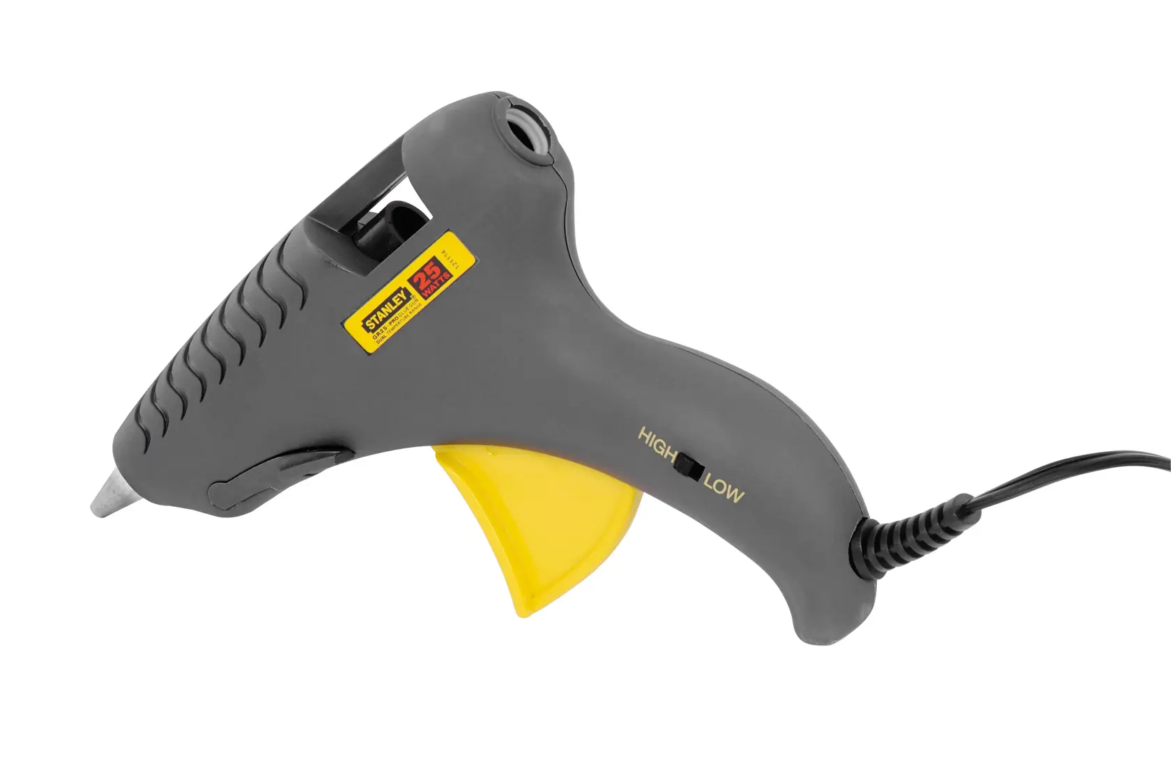 STANLEY 6-GR25 gray and yellow glue gun, side angle, with cord and temperature switch visible.