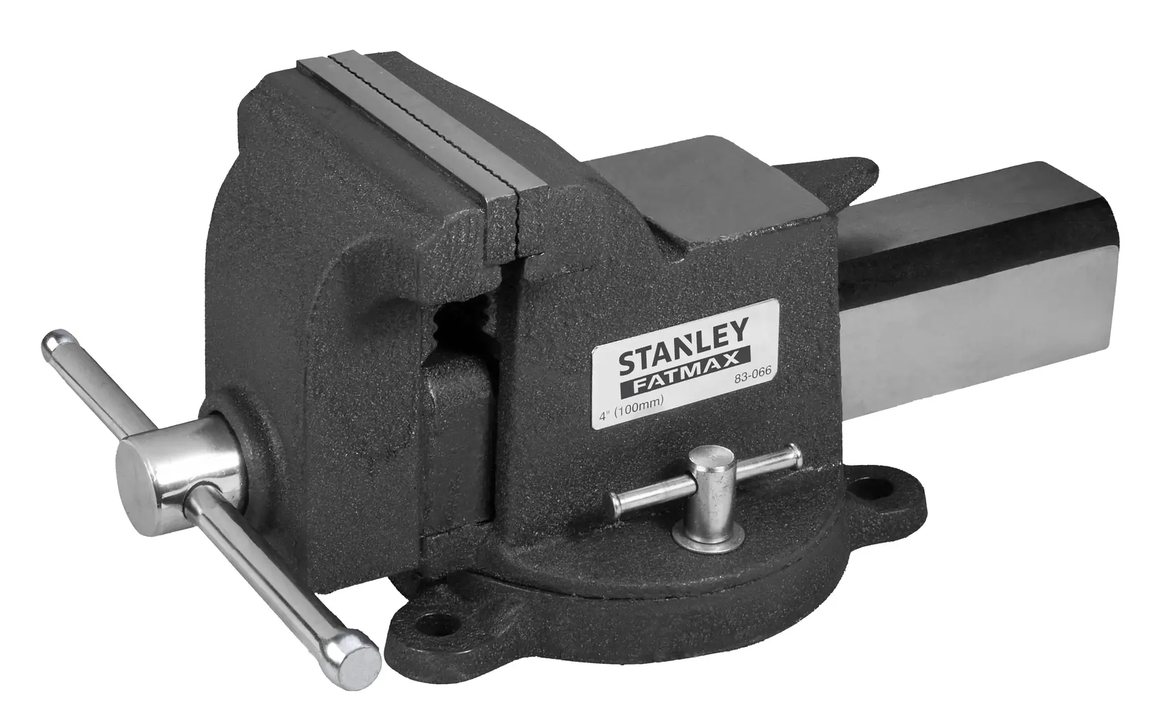 STANLEY vise, SKUs 83-066, 1-83-066, black metal, side angle, for workshop use, photography product.