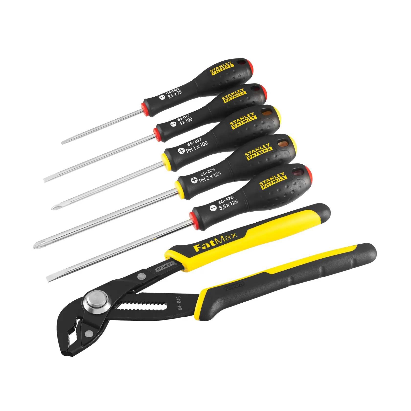 STANLEY FMHT0-62639 hand tool set with five screwdrivers and FatMax pliers, photographed from above.