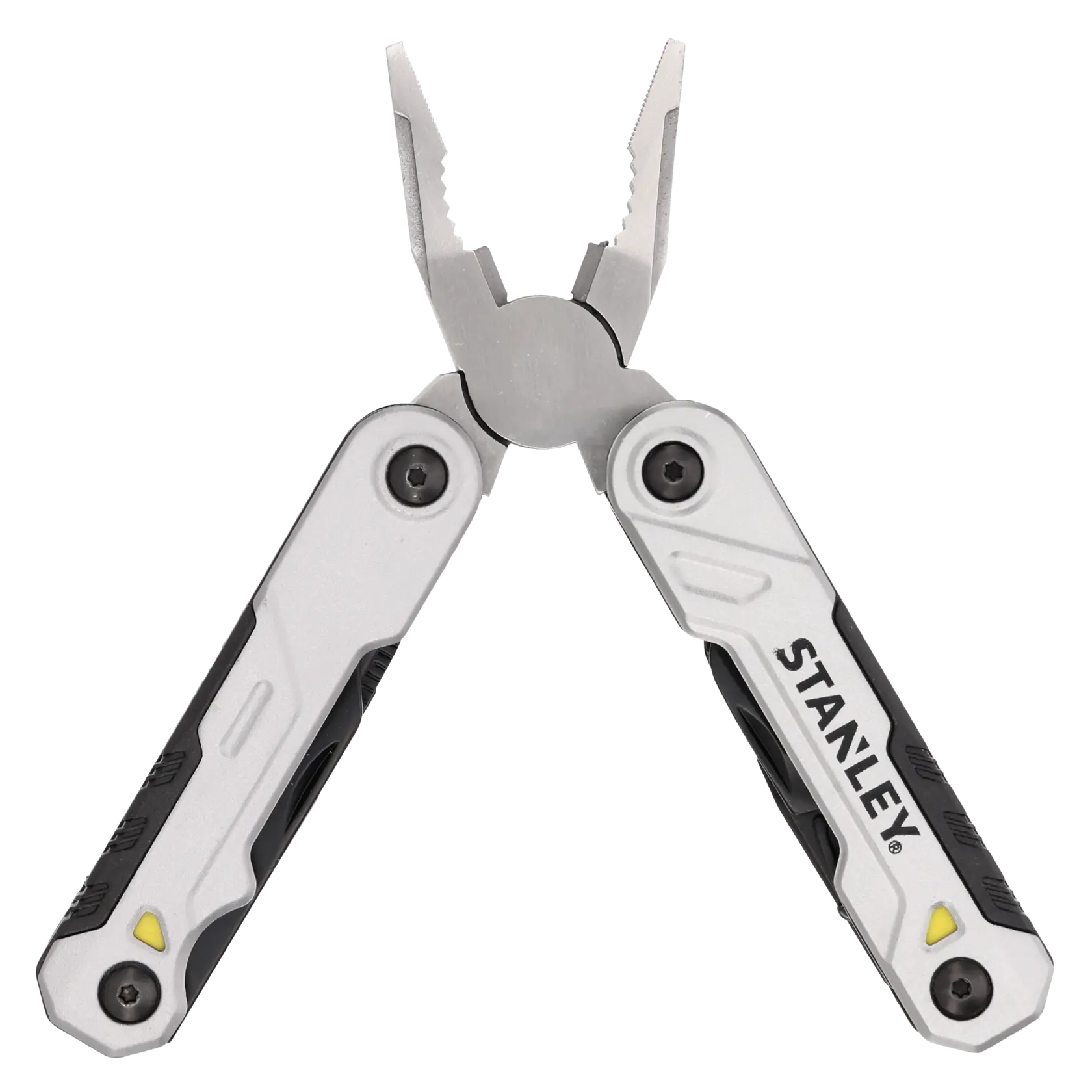 Stanley-branded silver multitool with pliers open, textured handles, photographed on a white background.