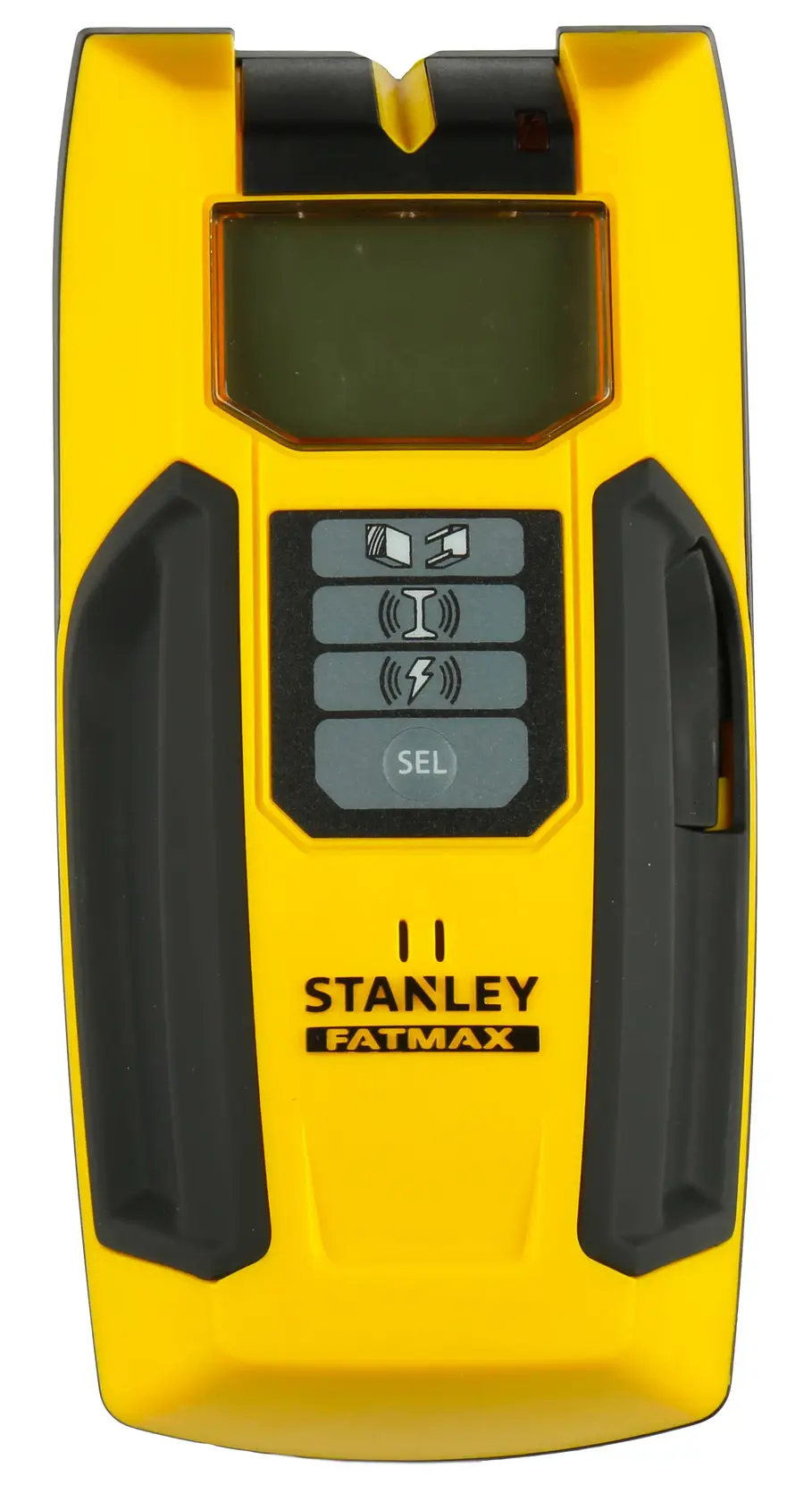 Stanley Fatmax electronic wall scanner with LCD screen, yellow and black, used for detecting studs and wires.