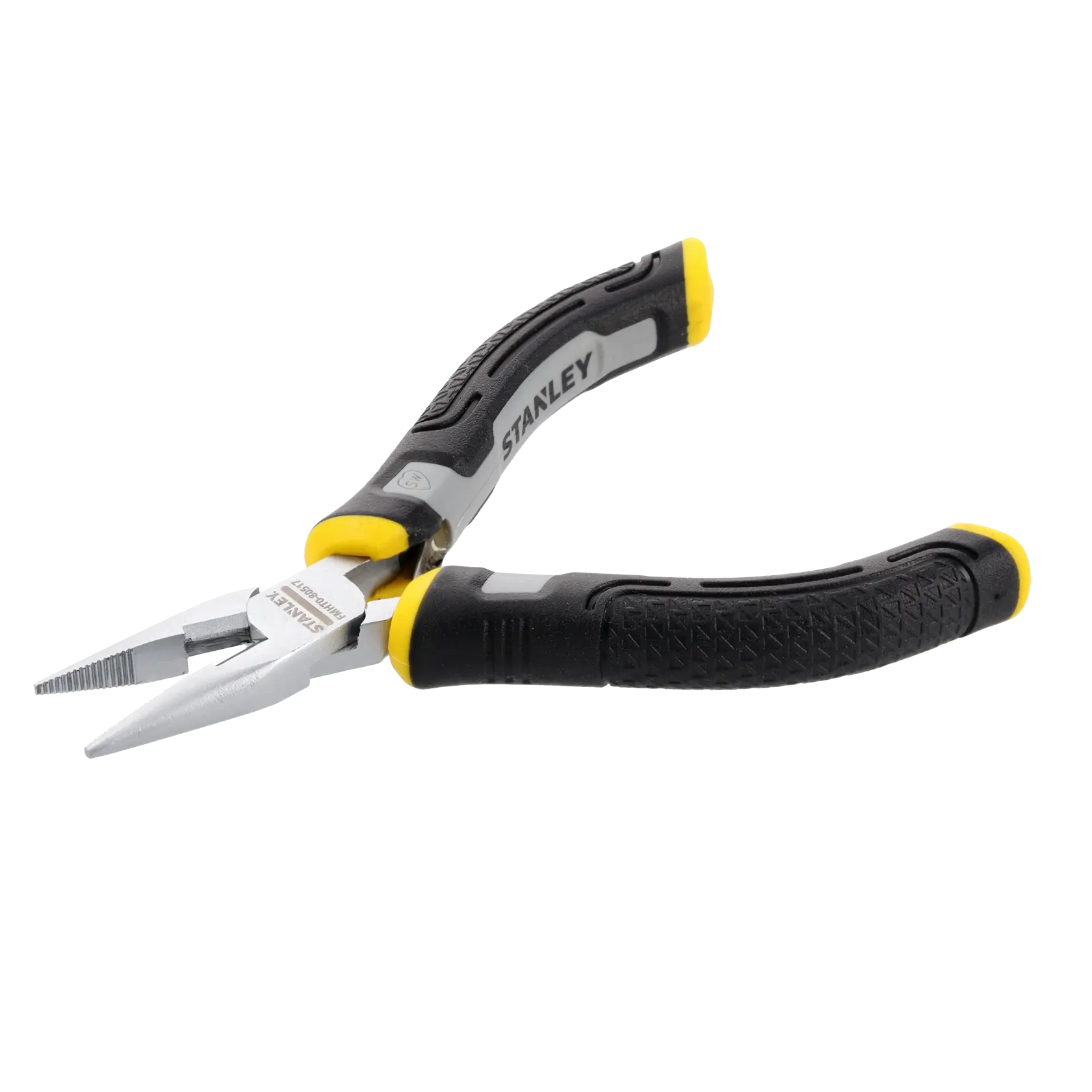 A pair of STANLEY long nose pliers with black and yellow ergonomic handles, shown on a white background.