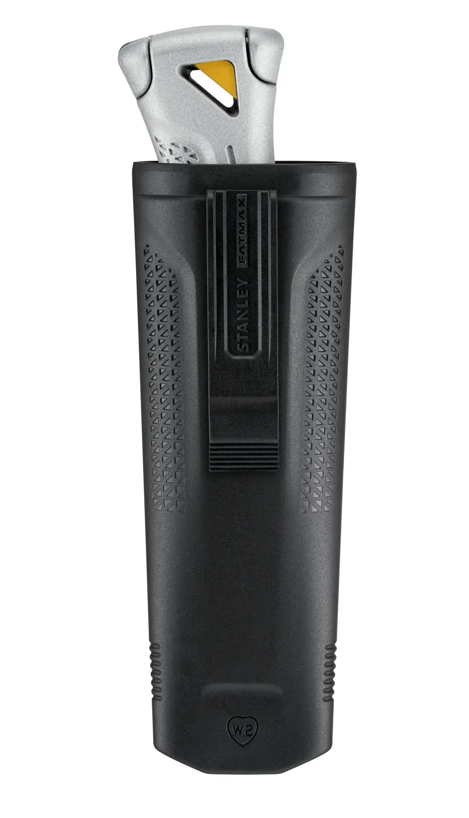 STANLEY FMHT10501-0 utility knife with black textured holster, front angle, white background.