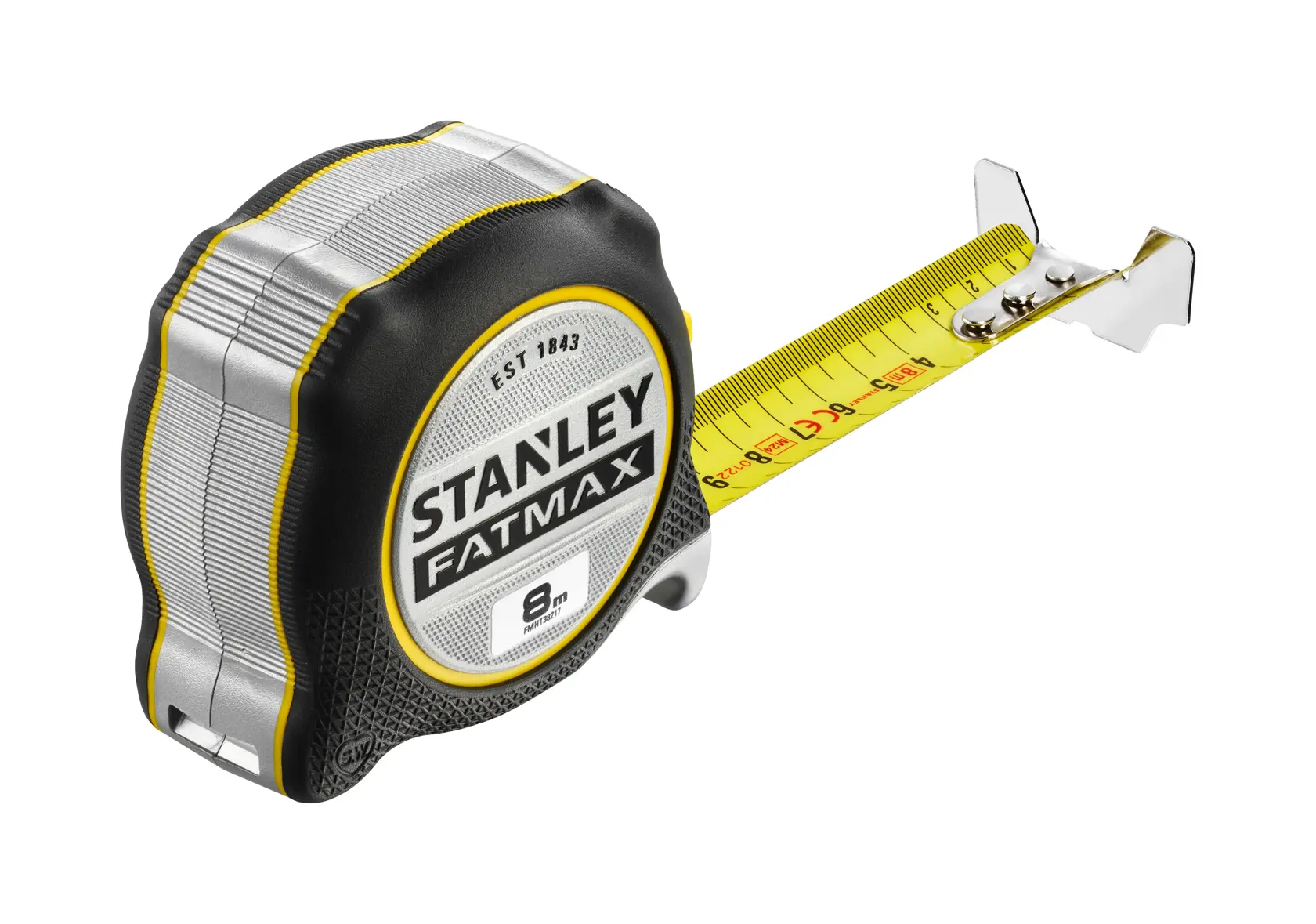 STANLEY FMHT38217-0 tape measure, FATMAX series, yellow blade, angled product photo on white background.