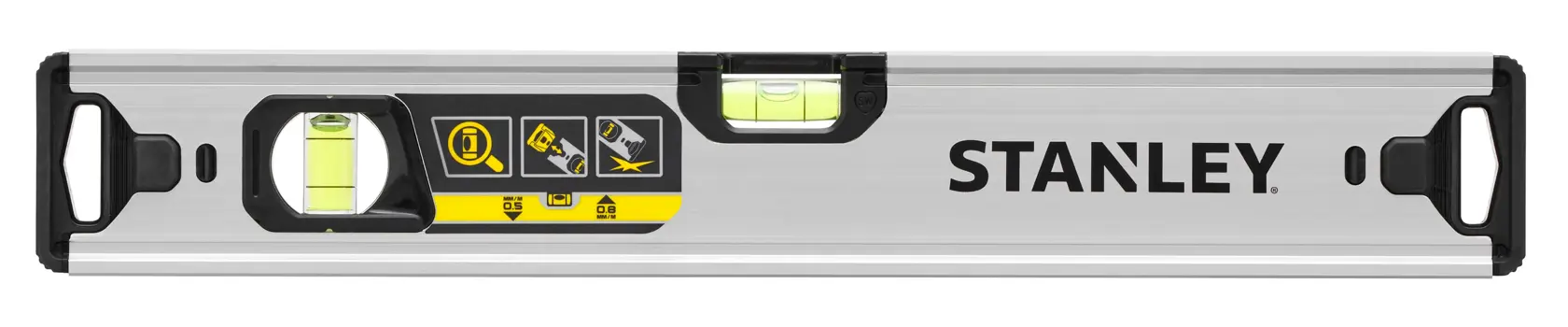 Front view photo of STANLEY FMHT43670-1 aluminum spirit level with three vials, silver body, and black end caps.