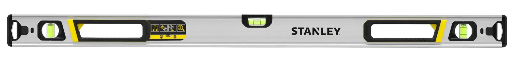 STANLEY FMHT43675-1 spirit level, straight aluminium body, three vials, front angle, yellow and black details.
