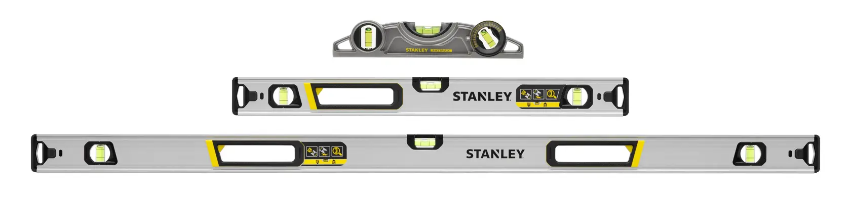 STANLEY FMHT43681-1 spirit level set, three aluminum levels with yellow vials, front view on white background.