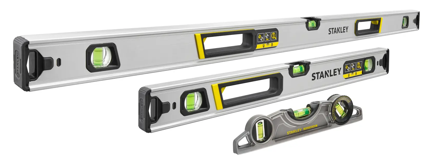 Photo of three STANLEY FMHT43681-1 spirit levels in varying lengths, silver with black and yellow accents, side angle.