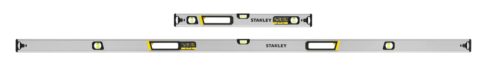 STANLEY FMHT43684-1 spirit level set, silver with black and yellow accents, front angle on white background.