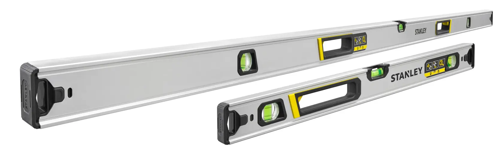 Photo of two STANLEY FMHT43684-1 box beam spirit levels, silver with black and yellow accents, angled on white background.