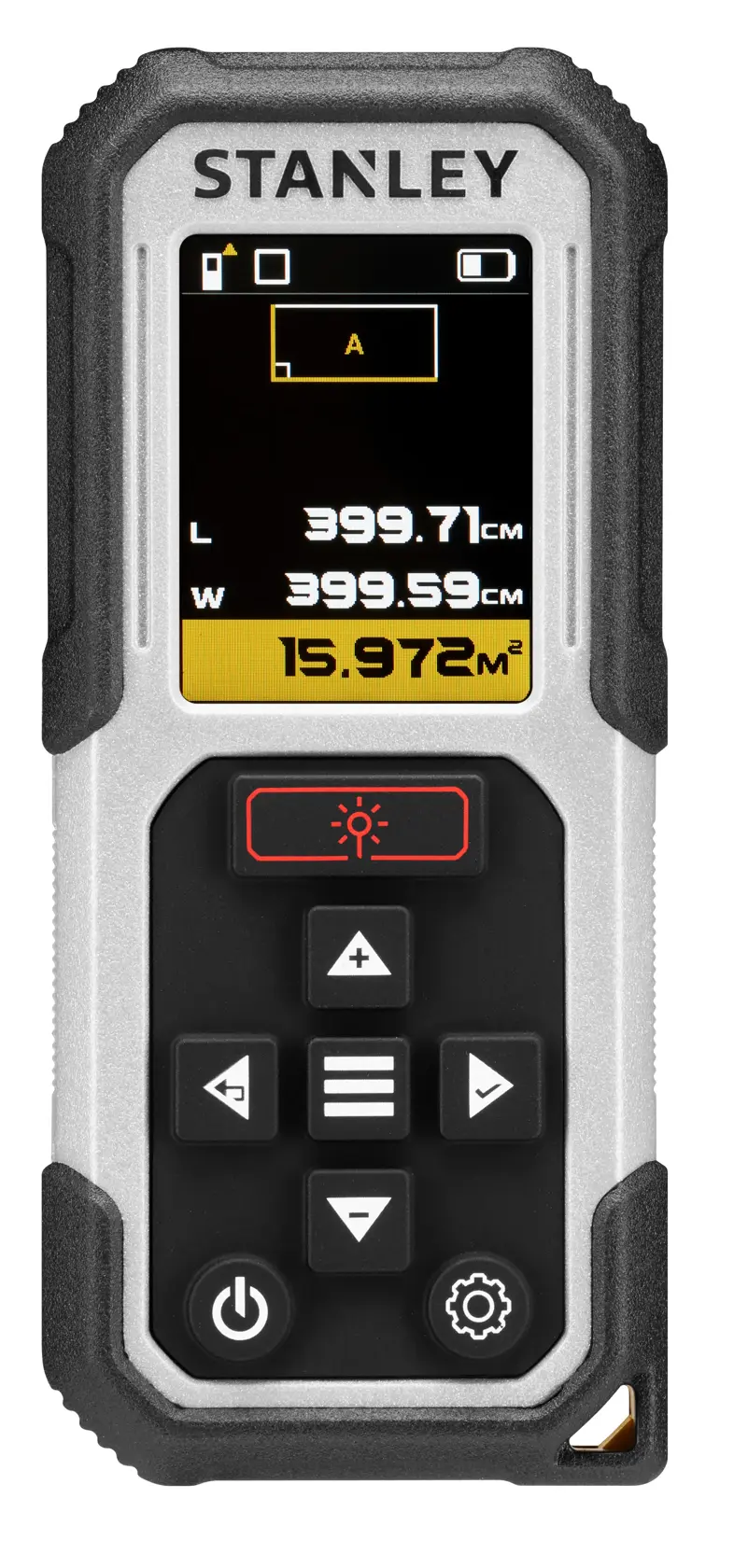 STANLEY FMHT77050-XJ laser distance measurer, black and silver, front view showing display and control buttons.