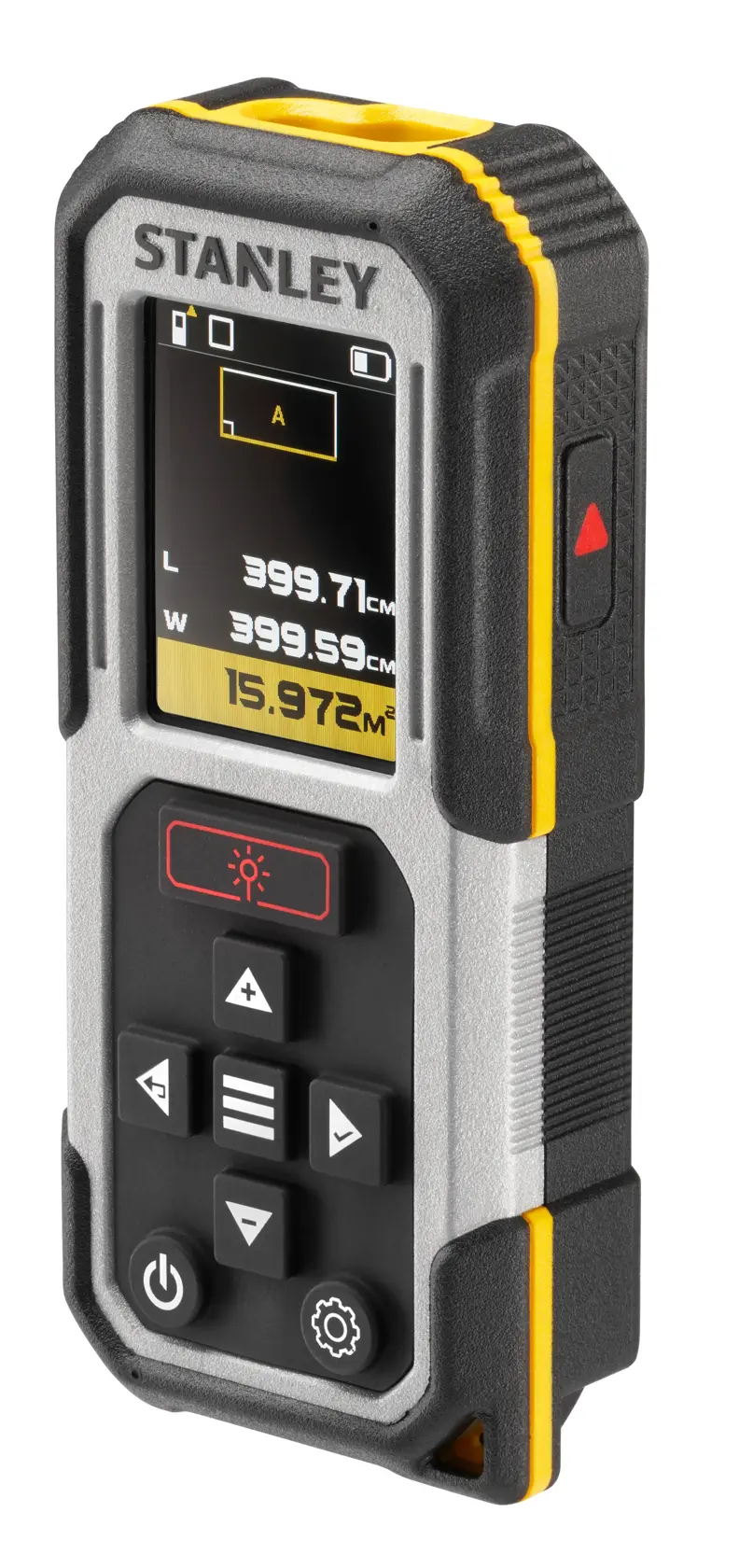 STANLEY FMHT77050-XJ laser distance measurer with digital display and black-yellow casing, front angle.