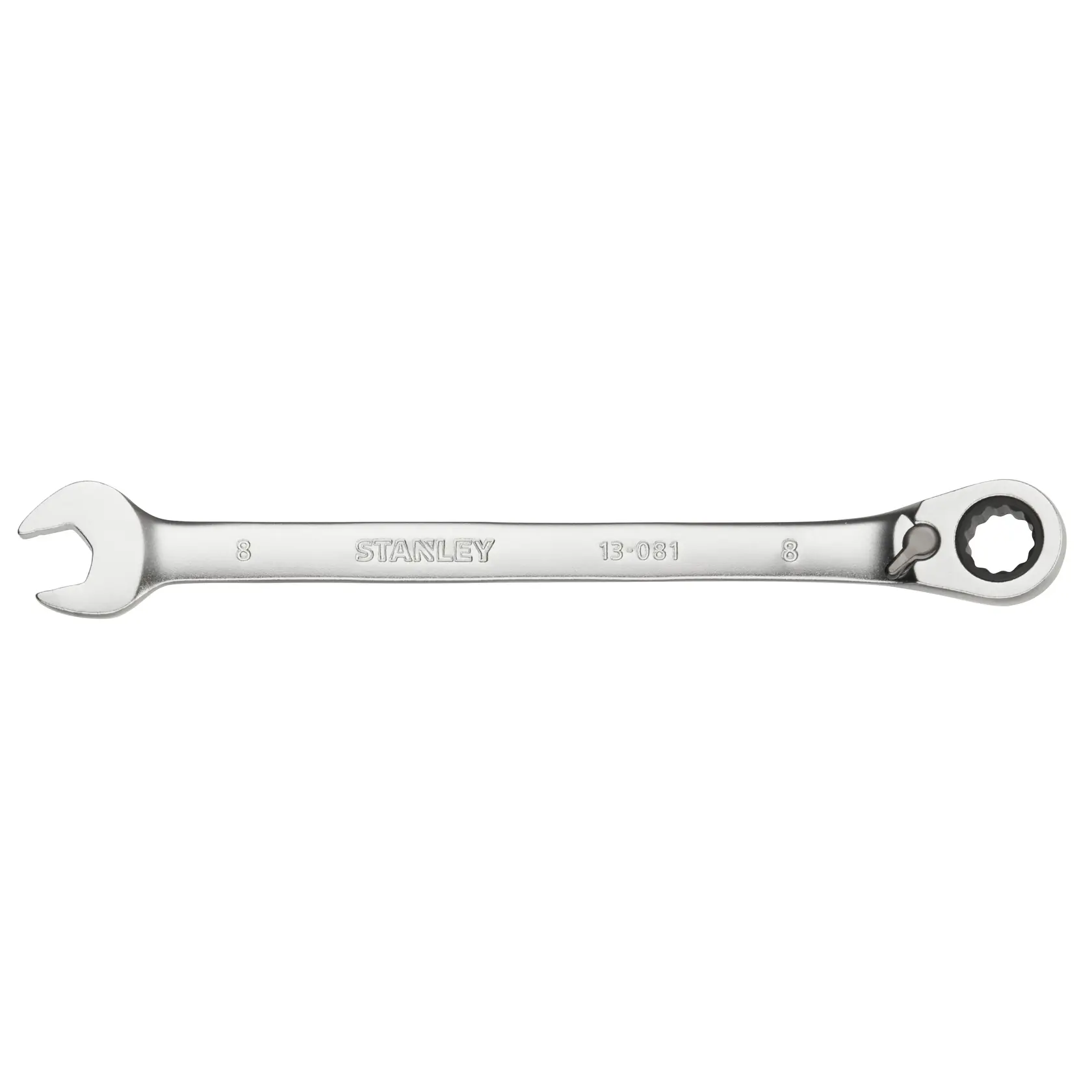 STANLEY FMMT13081-0 silver ratcheting combination wrench, front angle on white background.