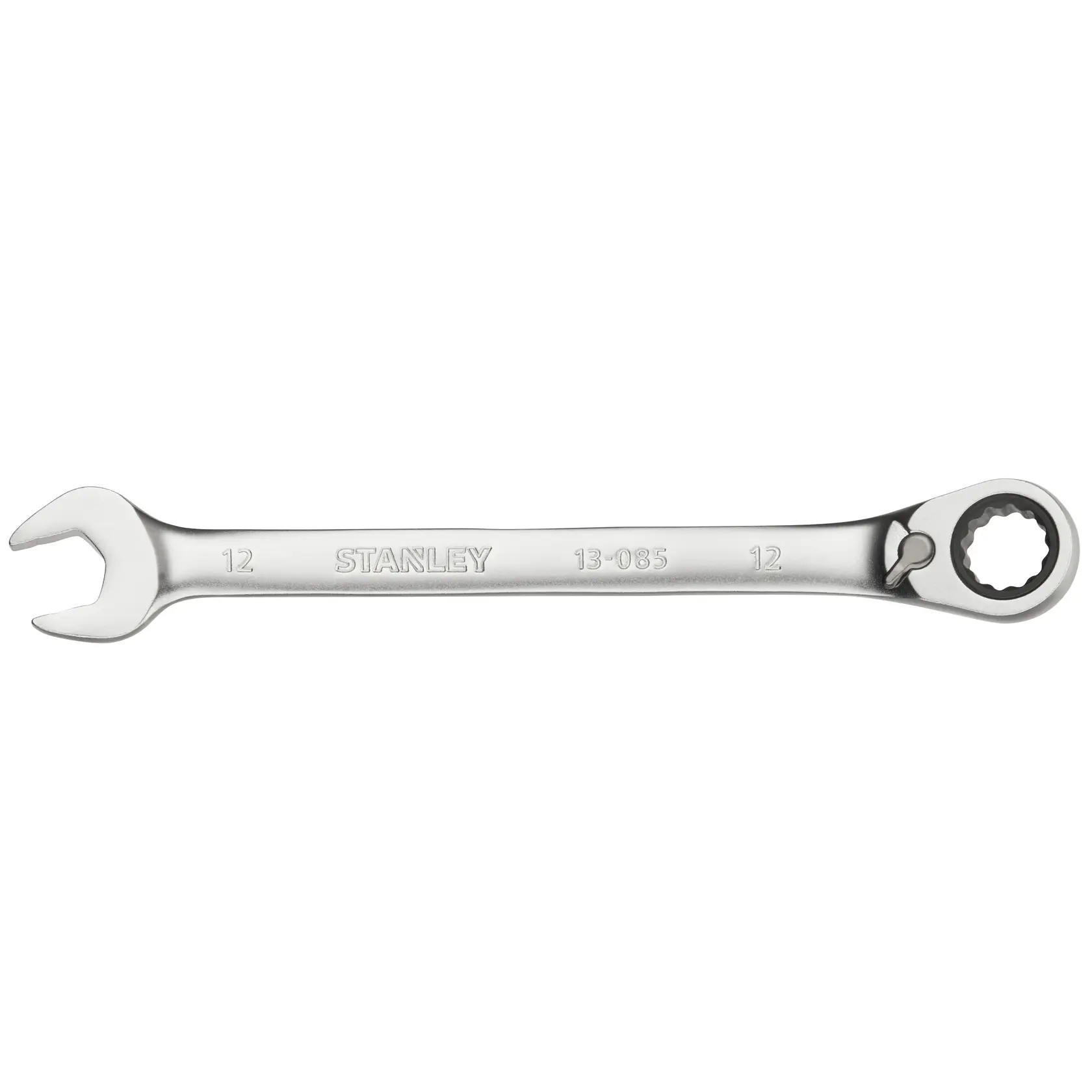Photo of STANLEY FMMT13085-0 combination ratcheting wrench, silver finish, side view, hand tool.