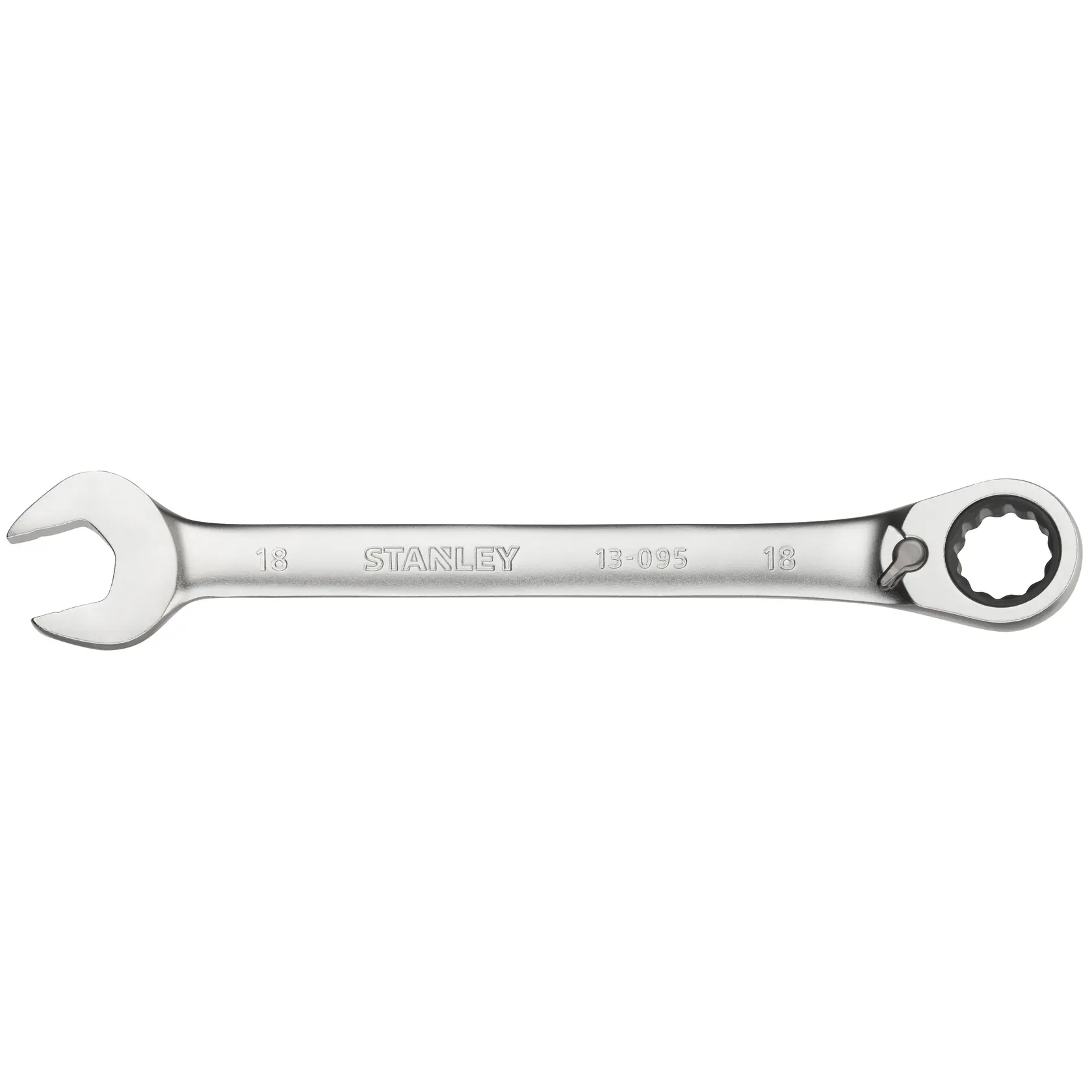 STANLEY FMMT13095-0 combination ratcheting wrench, silver, product side angle, tool category.