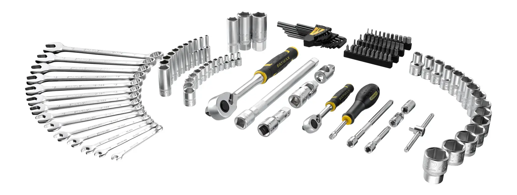 STANLEY FMMT98107-1 hand tool set with wrenches, sockets, ratchets, and screwdrivers, front angle.