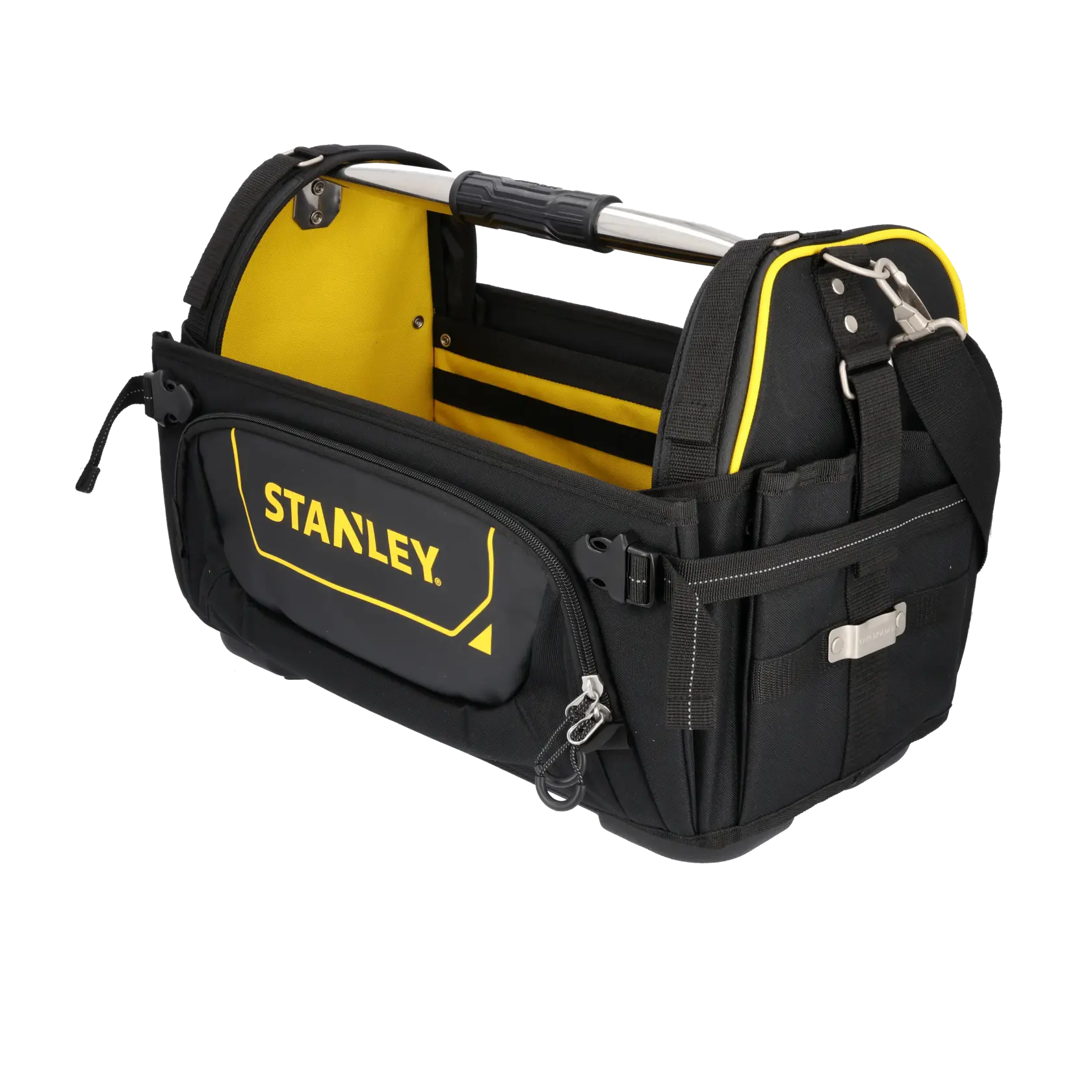 STANLEY FMST1-80146 open tool bag filled with hand tools, screwdriver set, spirit level, and power drill, top view.