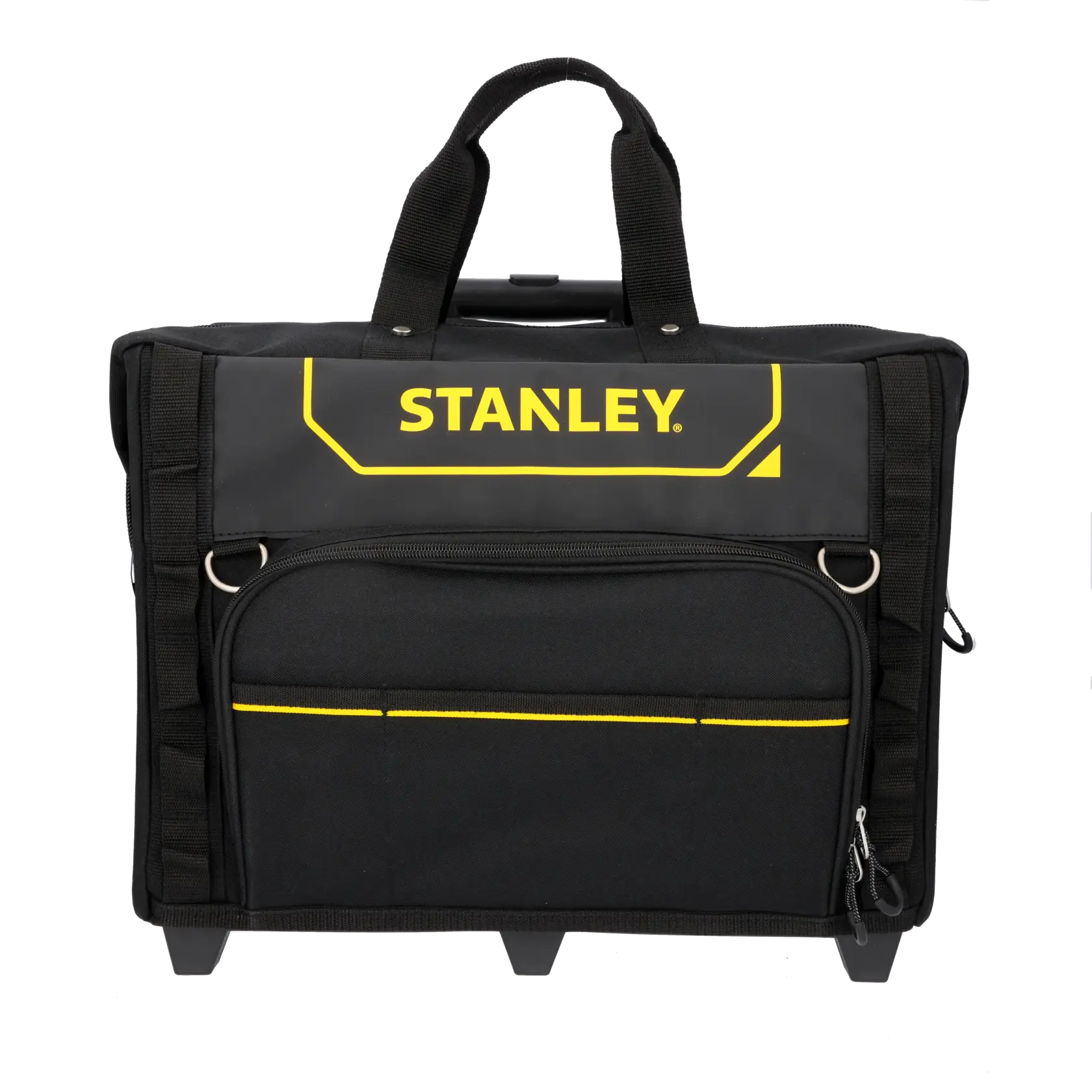 Stanley Fatmax rolling tool bag with telescopic handle, black and yellow, front pockets, on white background.