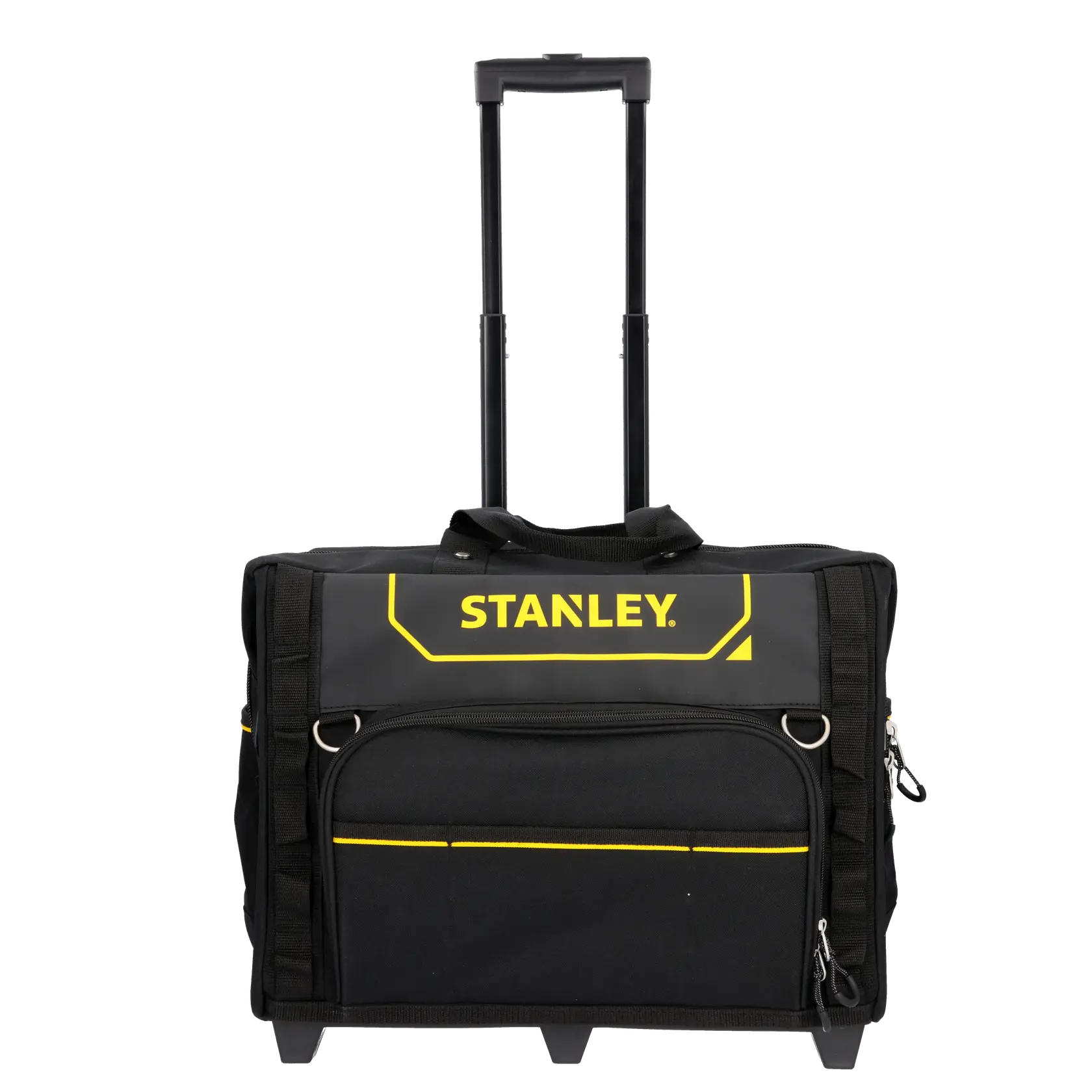 STANLEY FMST1-80148 tool bag, front angle, black and yellow with multiple pockets and sturdy handles.