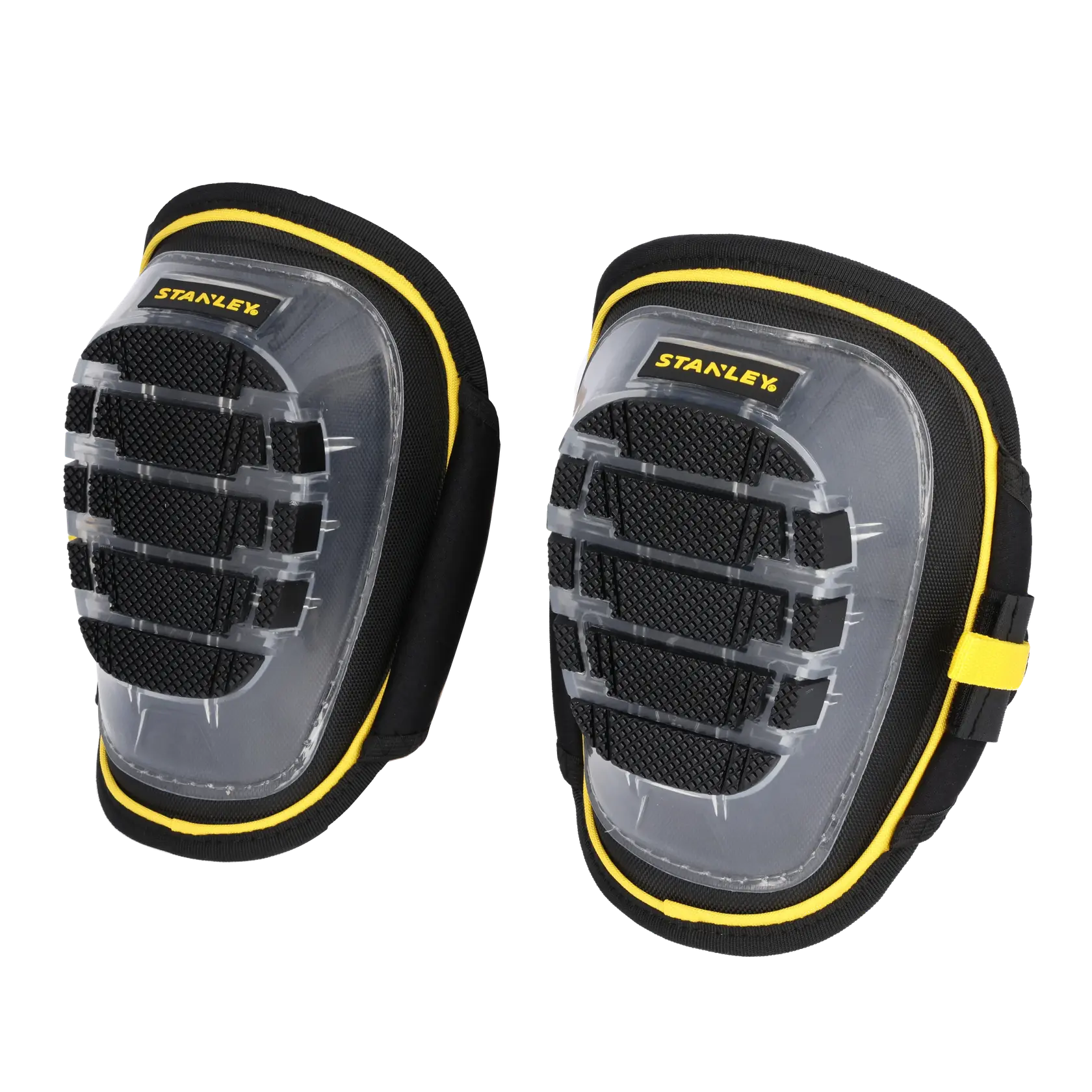 STANLEY FMST82960-1 knee pads with clear plastic caps, black and yellow, front view on white background.