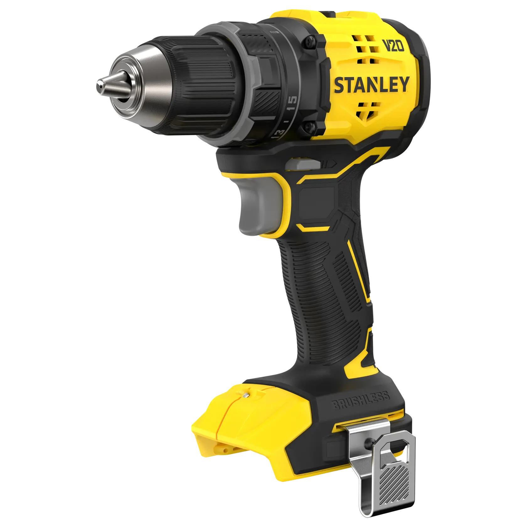 STANLEY SFMCD714B-XJ cordless drill, yellow and black, side angle on white background.