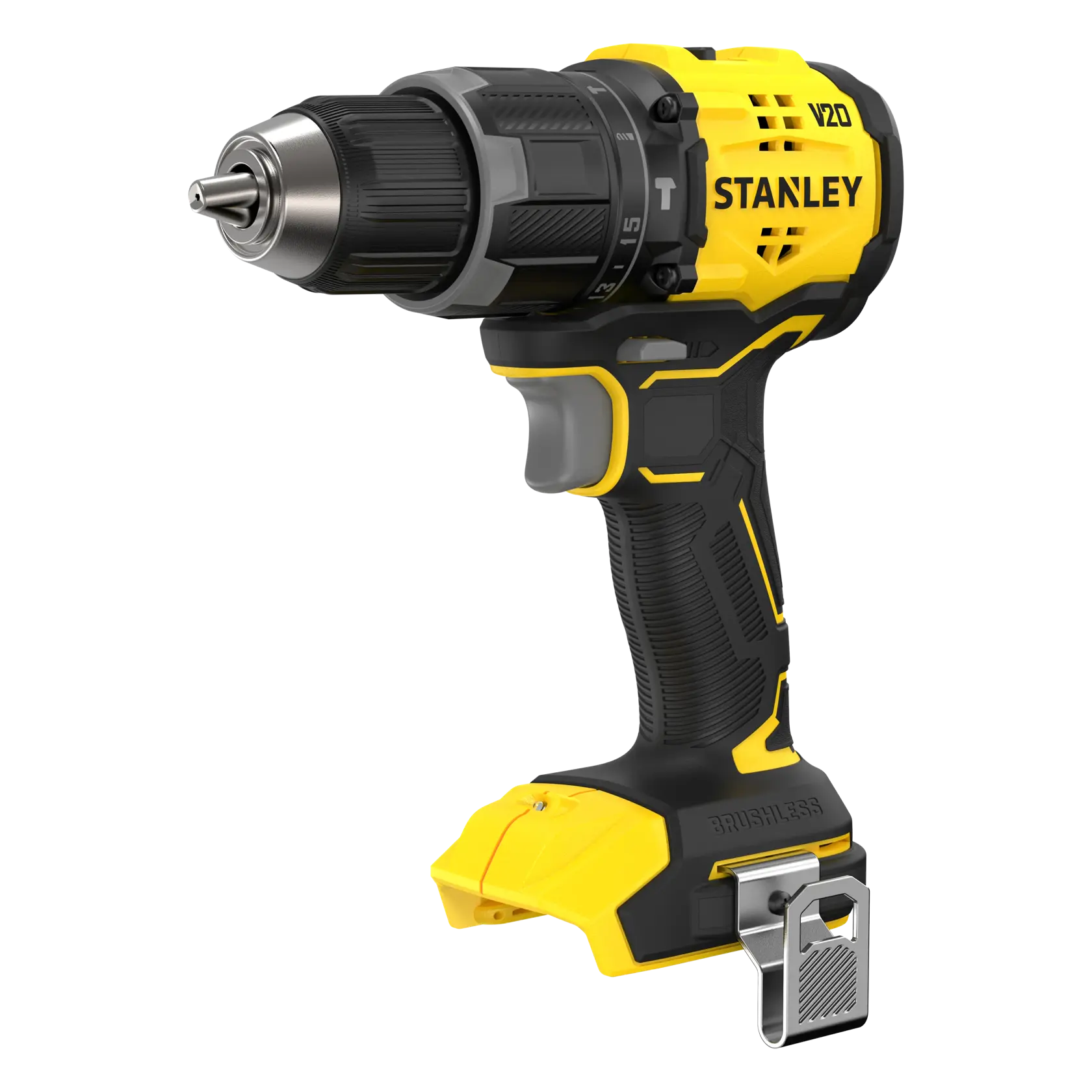 Photo of STANLEY SFMCD716B-XJ cordless drill, yellow and black, right side angle, visible grip and chuck.