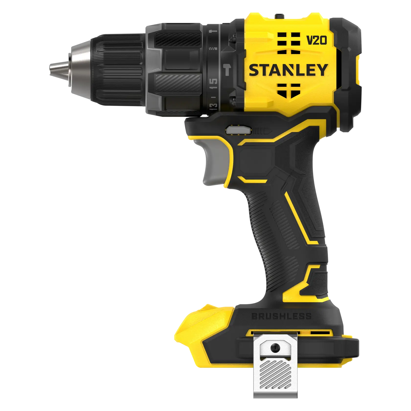 Photo of STANLEY SFMCD716B-XJ cordless drill driver, yellow and black, side view, with visible branding and details.