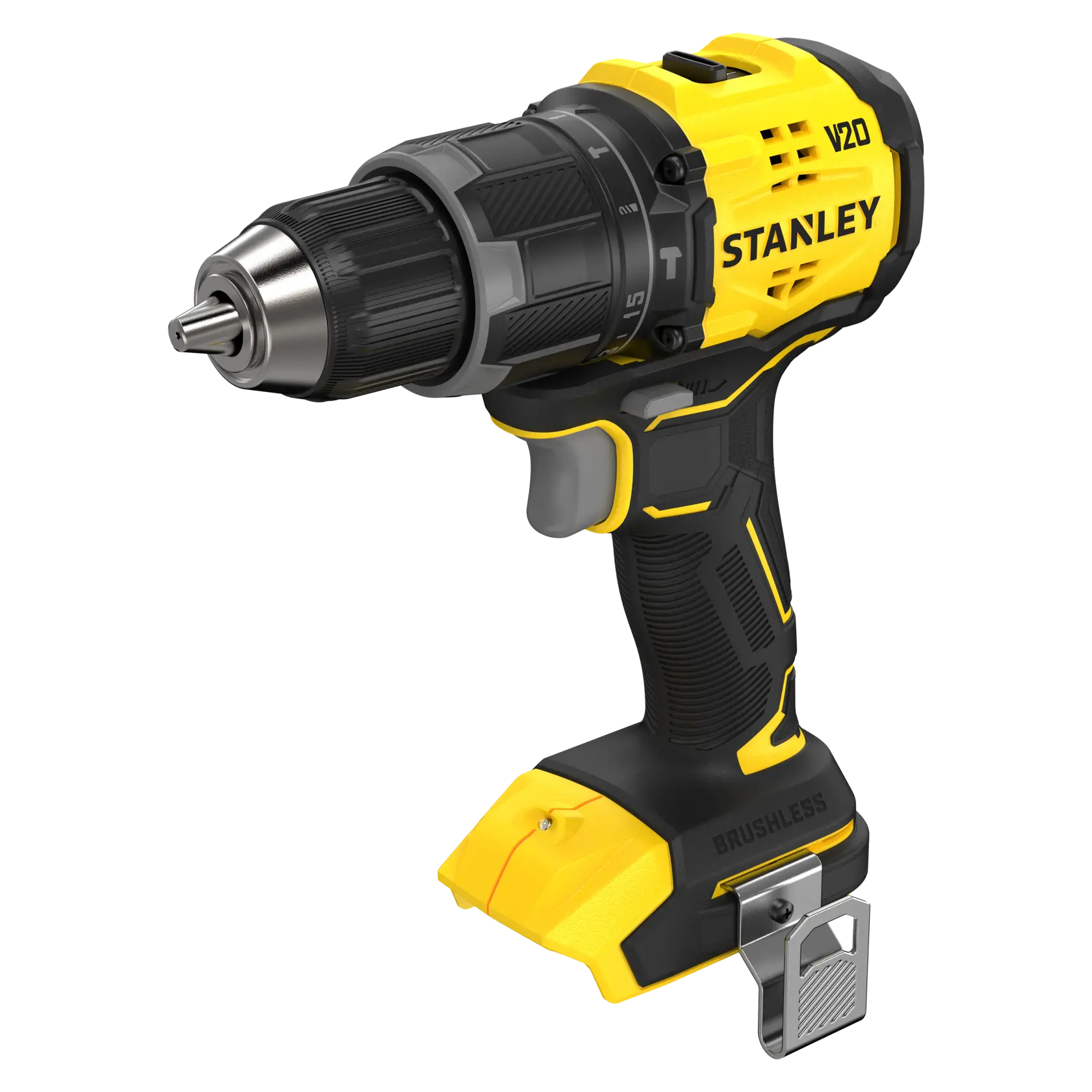 STANLEY SFMCD716B-XJ cordless drill, yellow and black, angled view on white background.
