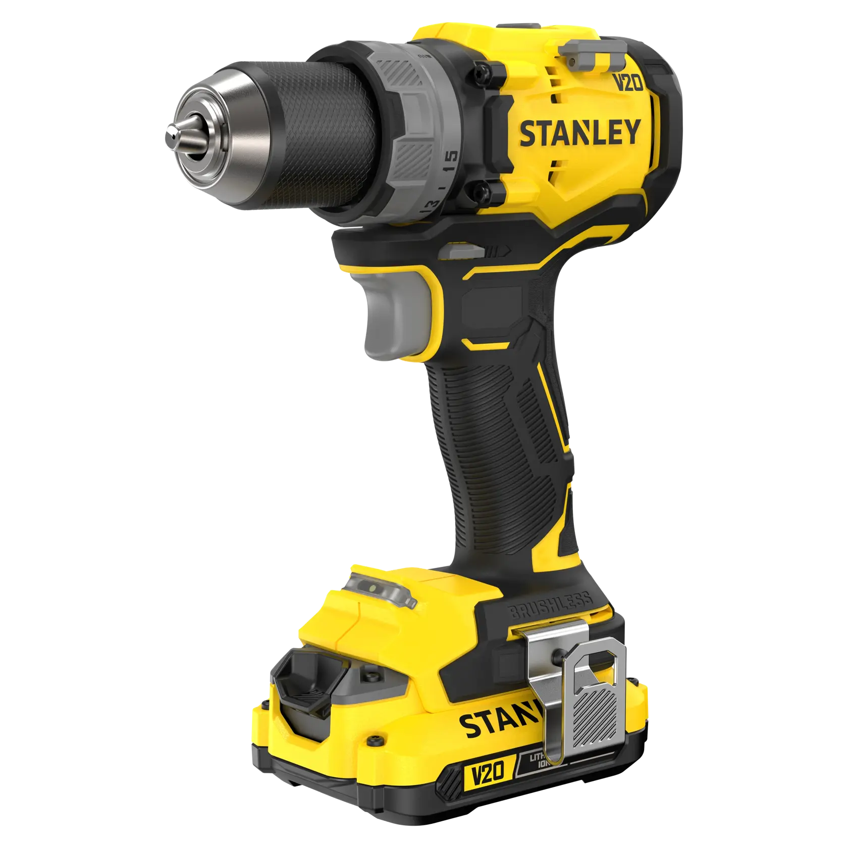 STANLEY SFMCD725D2K cordless drill, V20, yellow and black, side angle, visible brushless motor.