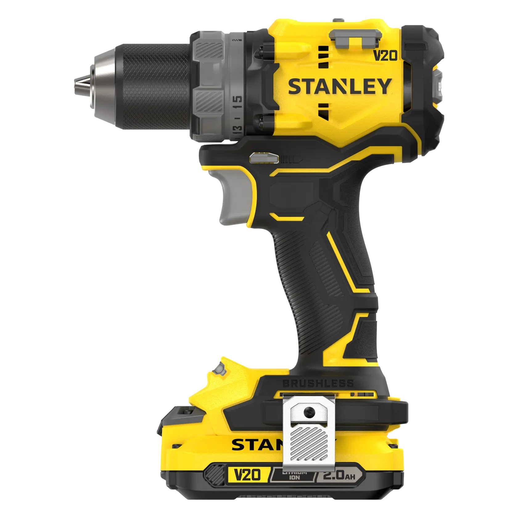 STANLEY SFMCD725D2K cordless drill driver side view on white, yellow and black design, V20 2.0Ah battery.