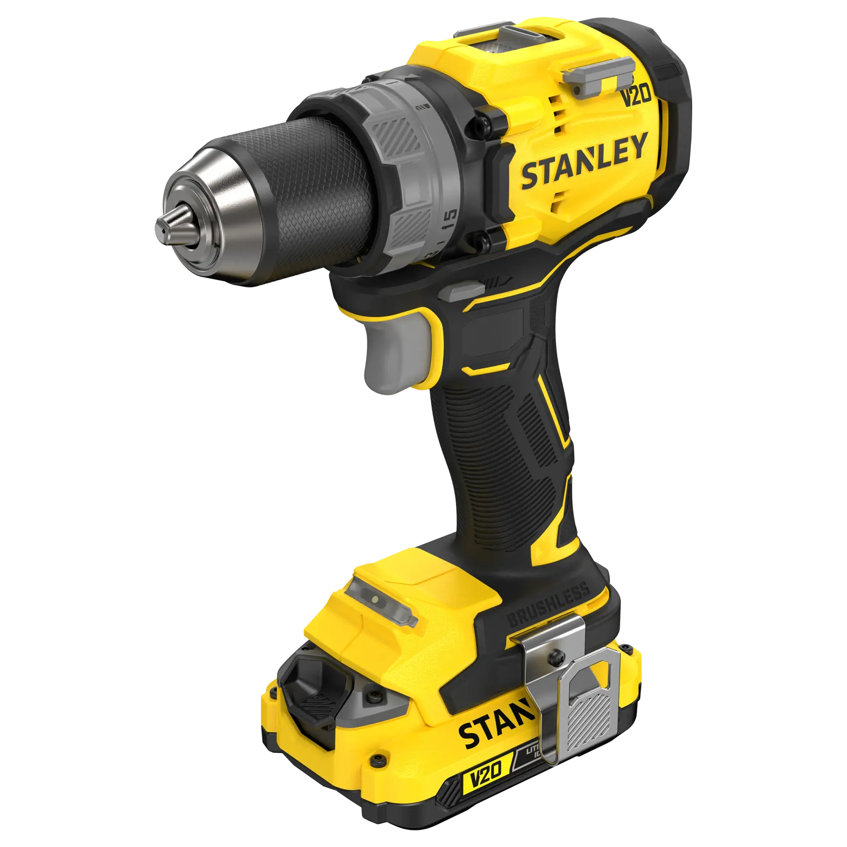 Stanley SFMCD725D2K cordless drill, yellow and black, right side angle, rugged grip, brushless motor.