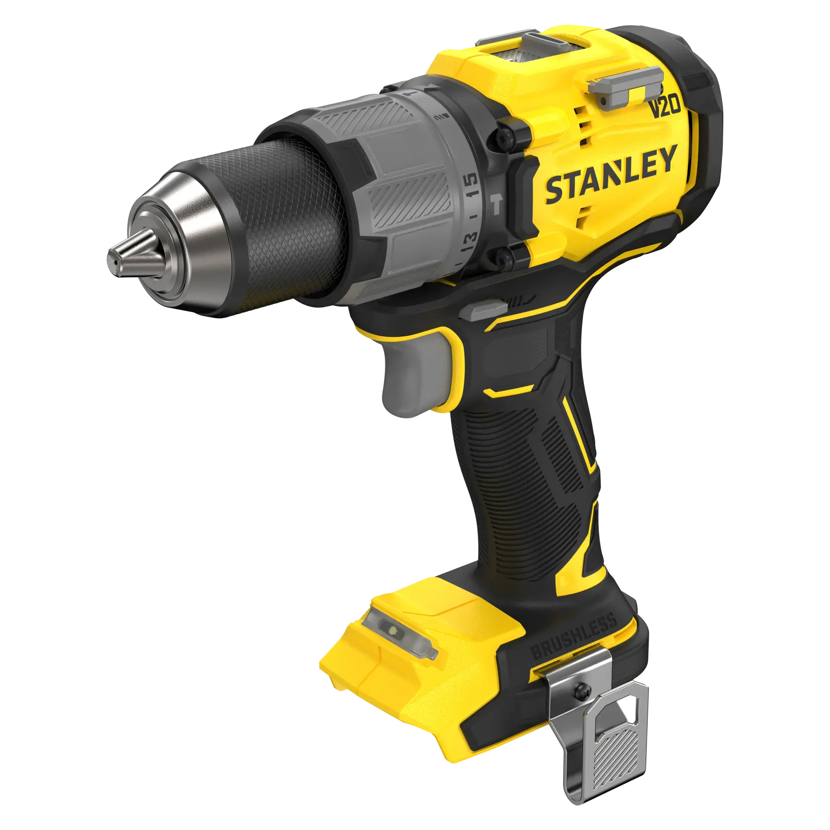 STANLEY SFMCD726B cordless drill with brushless motor, yellow and black, angled front view on white background.