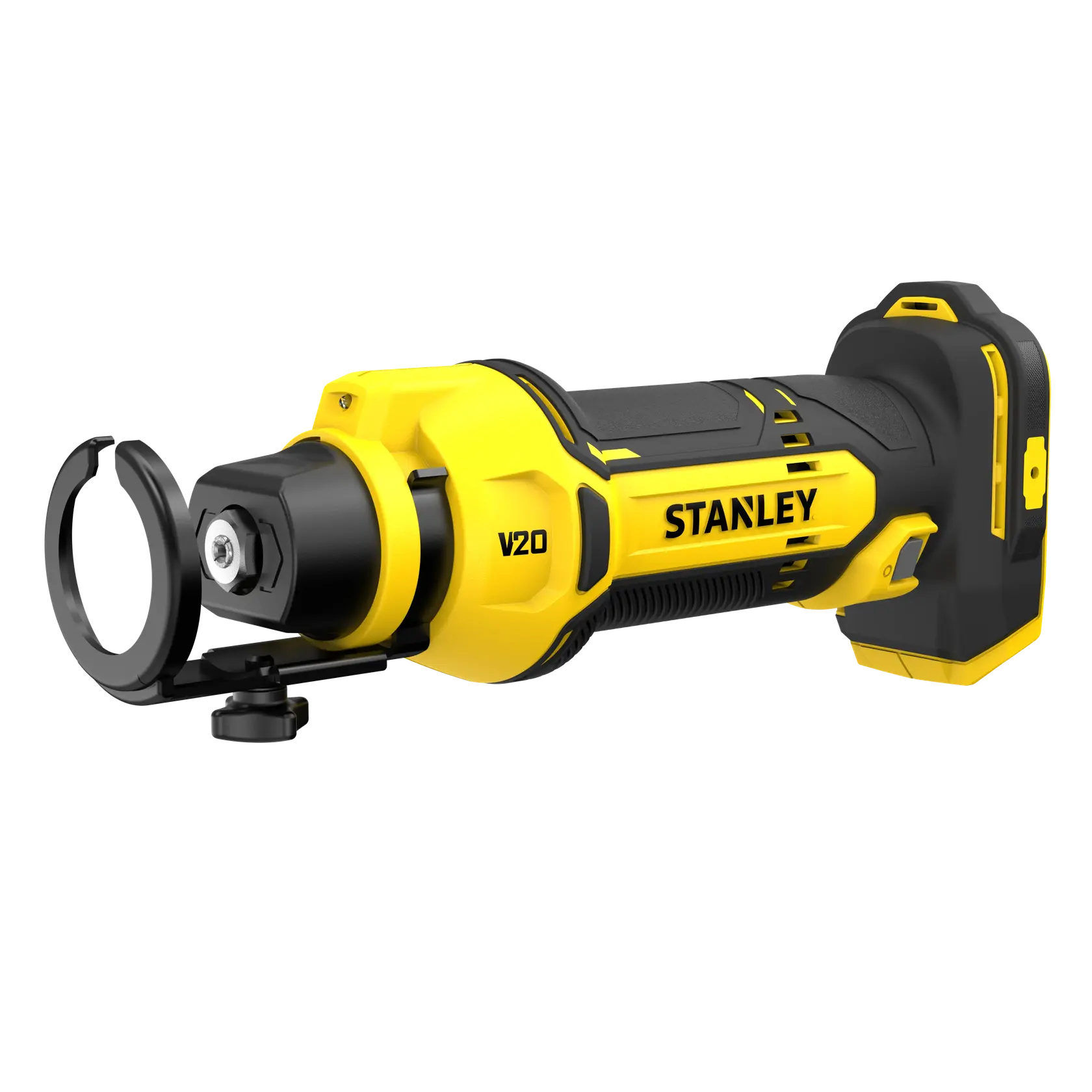 STANLEY SFMCE200B cordless yellow and black rotary tool side angle on white background.