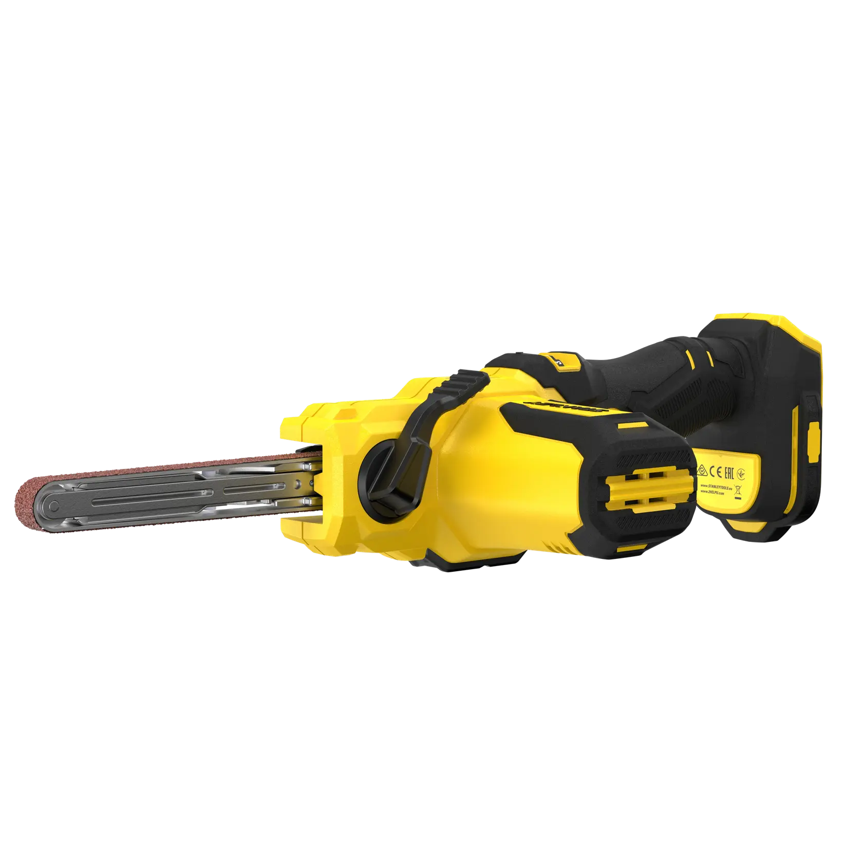 STANLEY SFMCE210B cordless belt sander, yellow and black, side angle on white background.