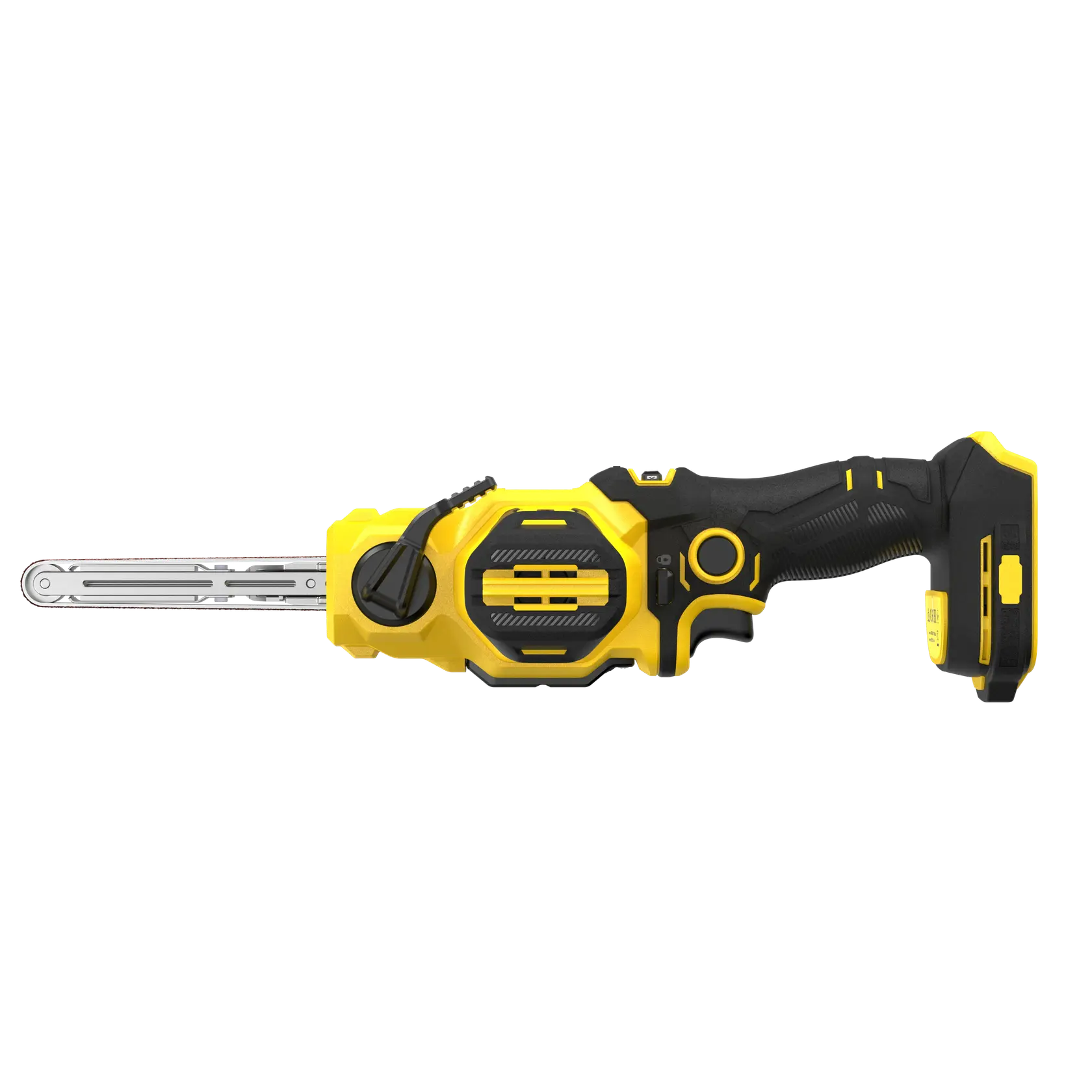 STANLEY SFMCE210B cordless belt file, yellow and black, side angle, white background.