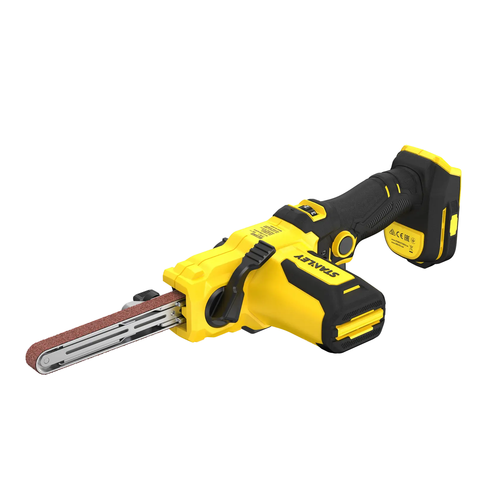 STANLEY SFMCE210B cordless file belt sander, yellow and black, side angle on white background.