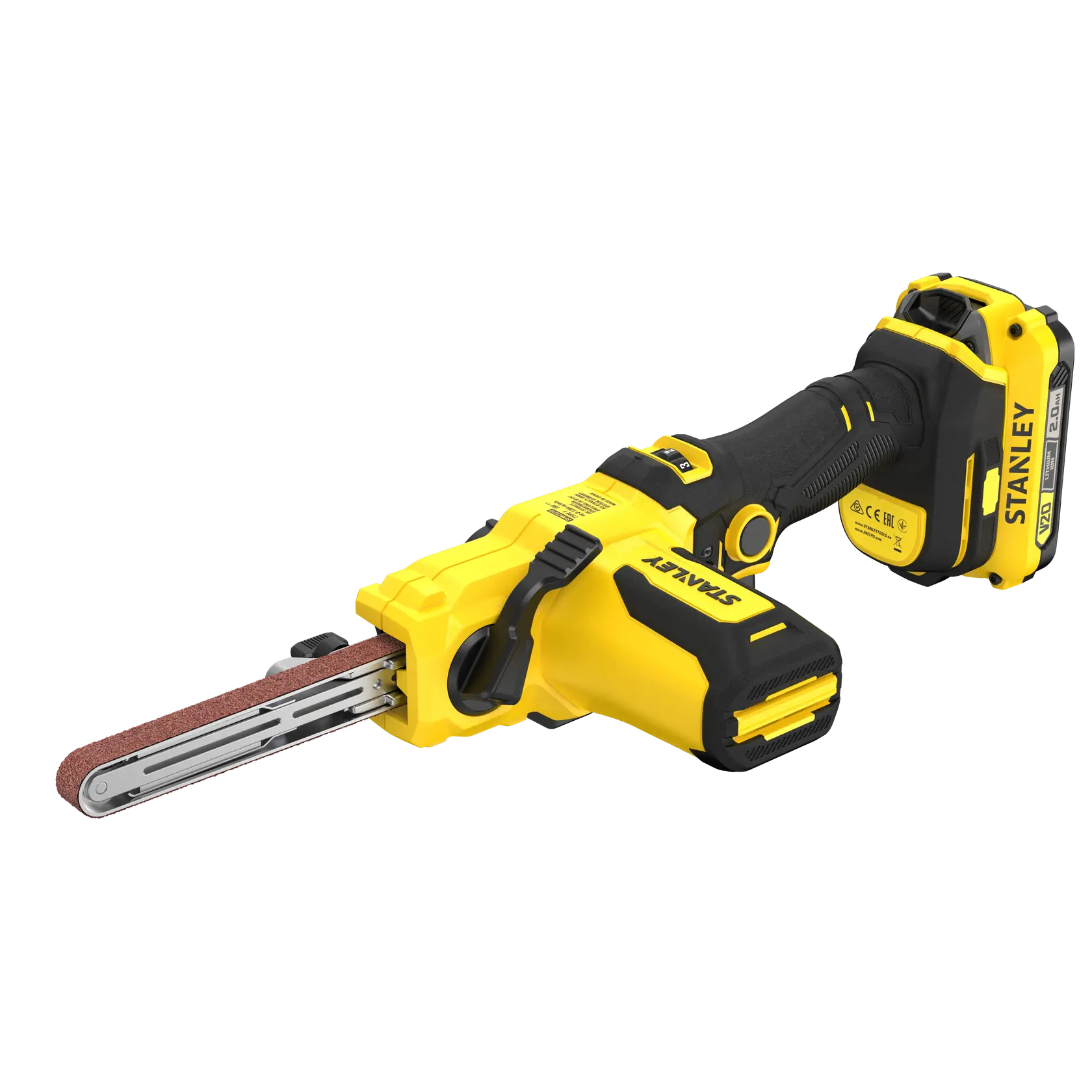 Photo of STANLEY SFMCE210D2 cordless belt file sander, yellow and black, angled on white background.