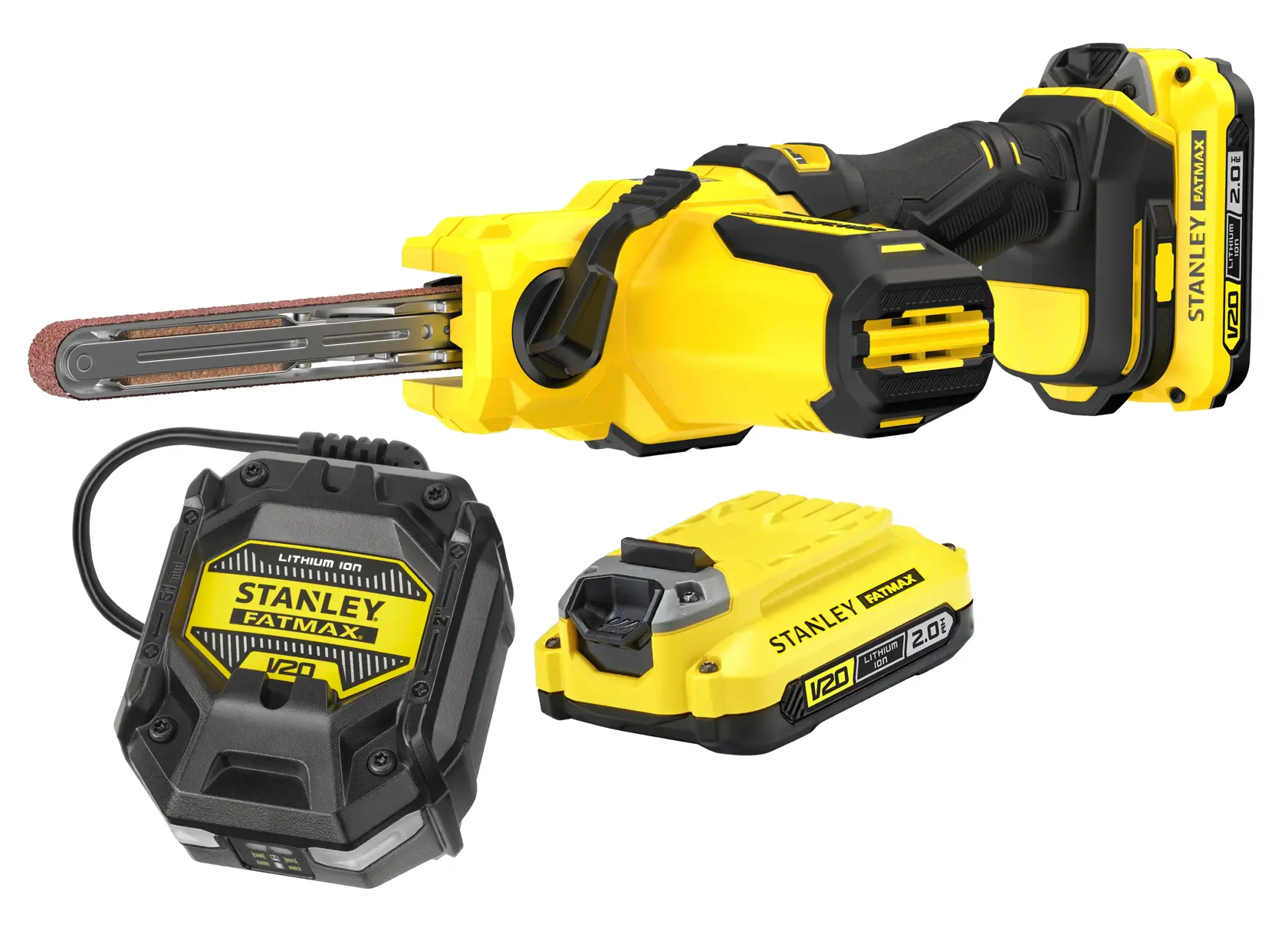 STANLEY SFMCE210D2 cordless belt file tool set, yellow and black, front angle.