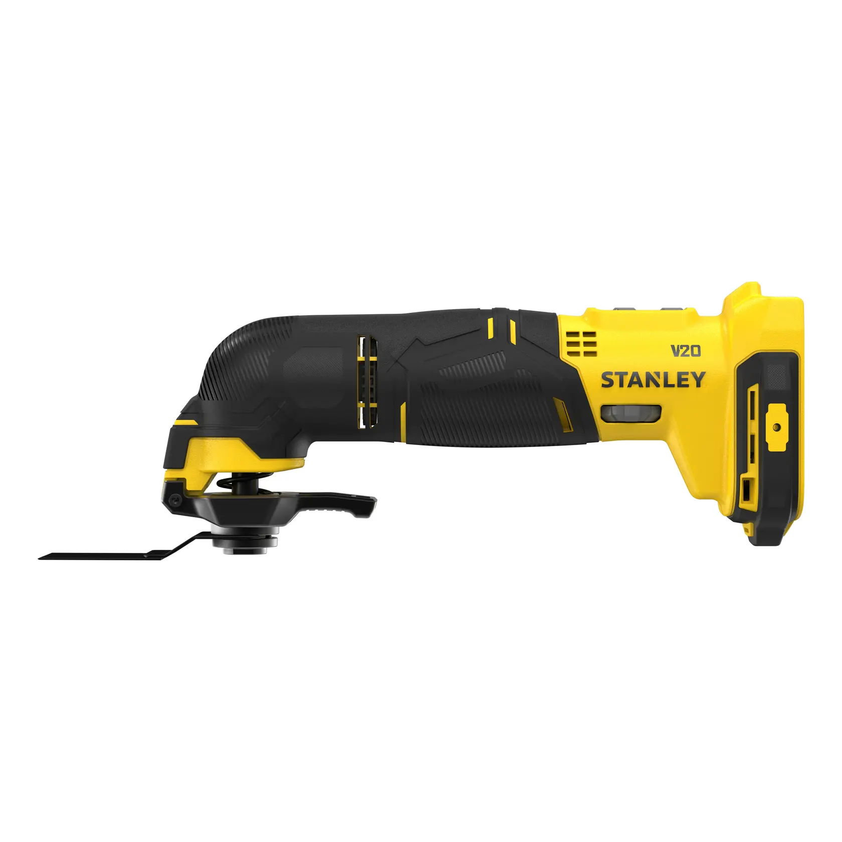 Photo of STANLEY SFMCE500B cordless oscillating multi-tool, black and yellow, angled right on white background.