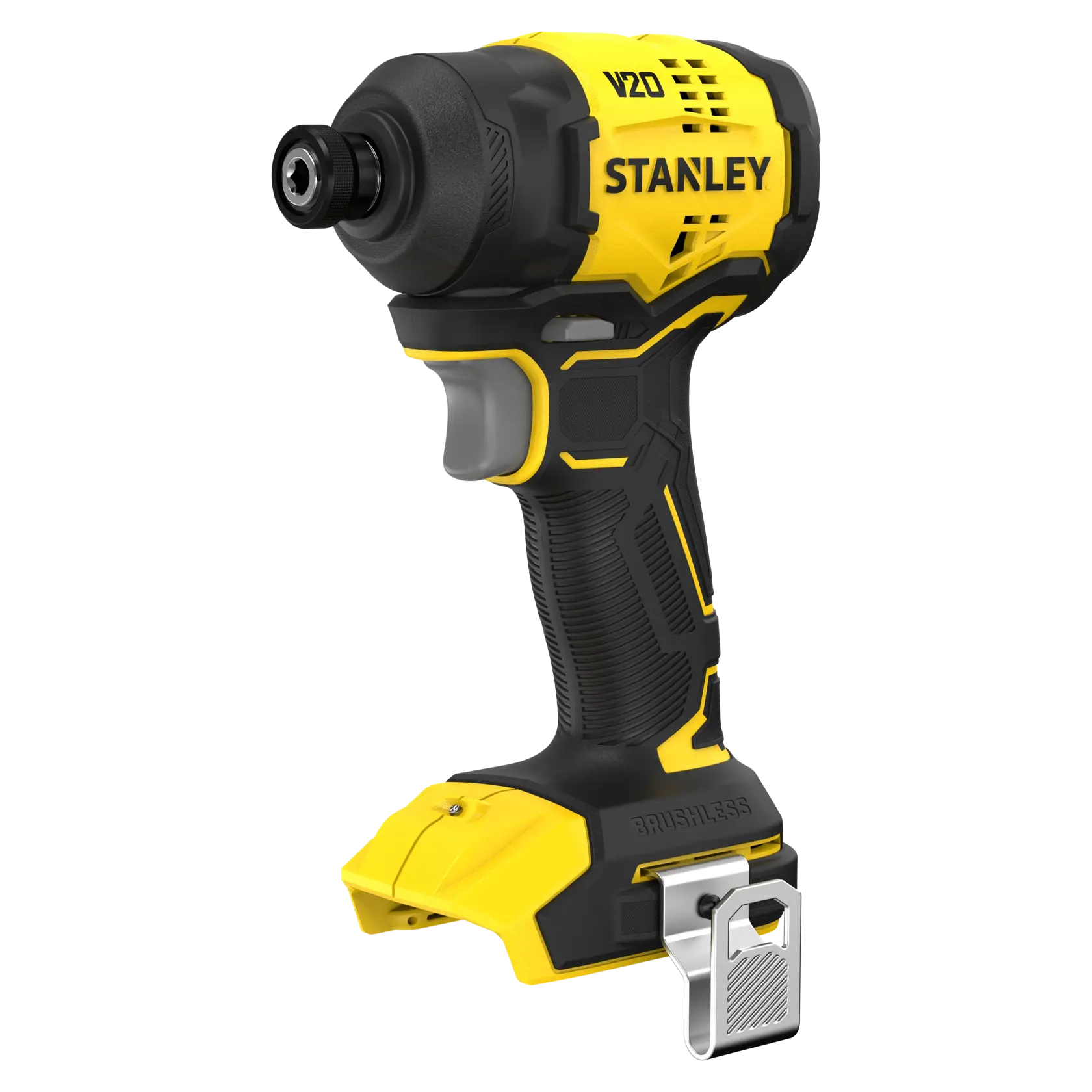 STANLEY SFMCF811B-XJ impact driver, yellow and black, brushless, side angle on white background.