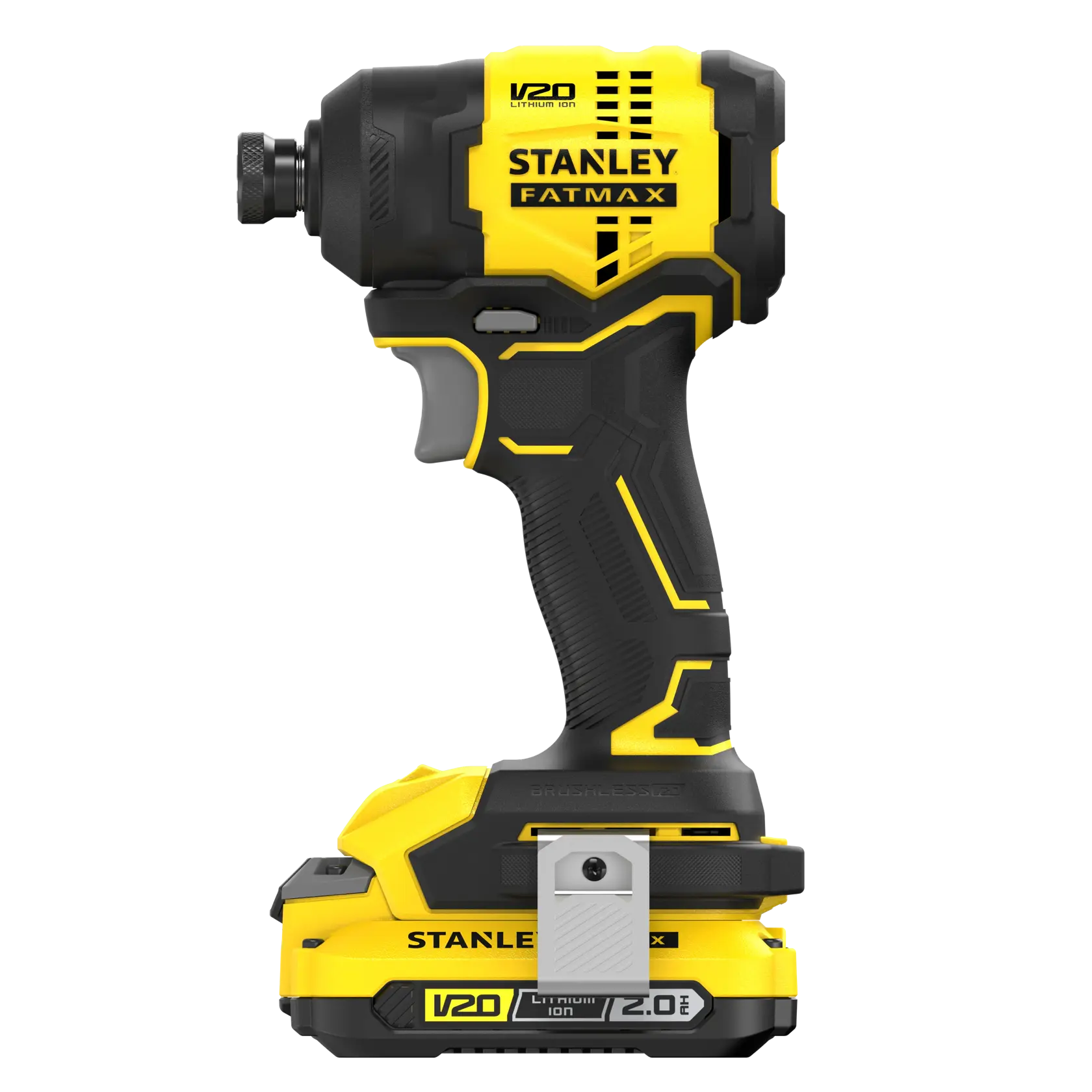 STANLEY SFMCF811D1T cordless impact driver, yellow and black, side view on white background.